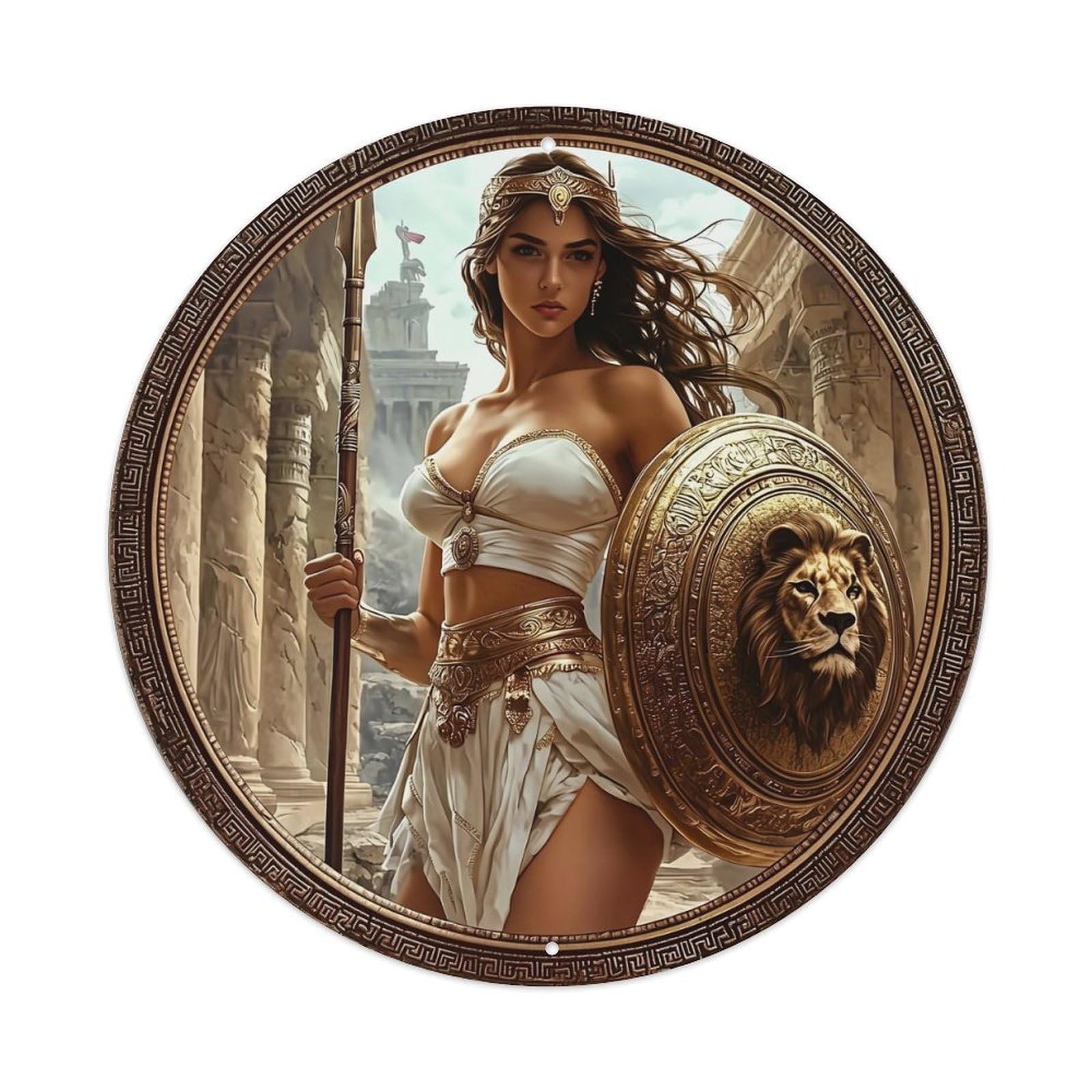 Ancient Greek Warrior Goddess Lion Metal Tin Sign Plaque