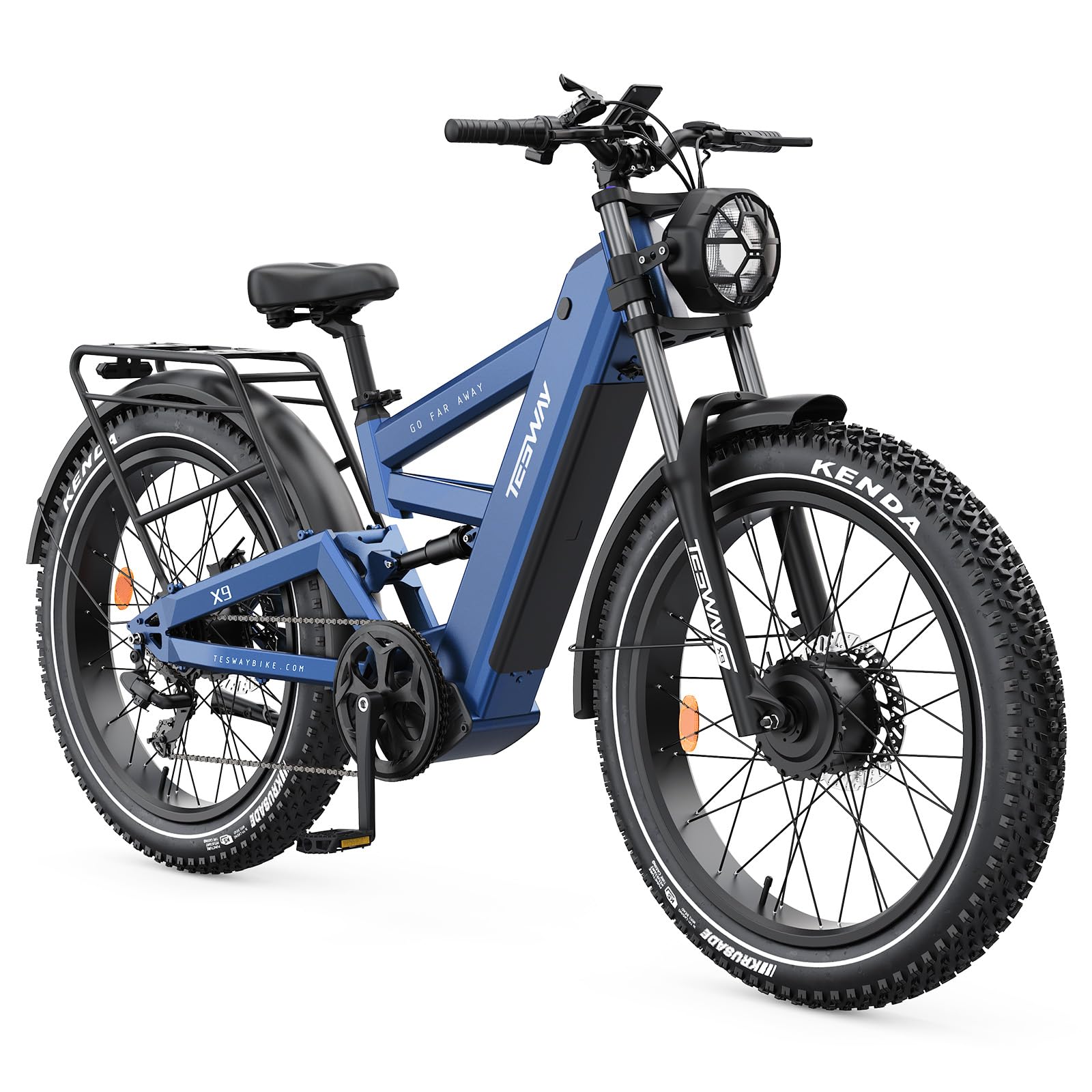 TESWAY X9 Dual Motor Ebike, 26" Fat Tire Full Suspension AWD Electric Bike for Adults, 4000W 40MPH 240NM, 48V 30Ah 120 Miles Long Rang (X9+Rear Rack+Fender+Light, Blue)