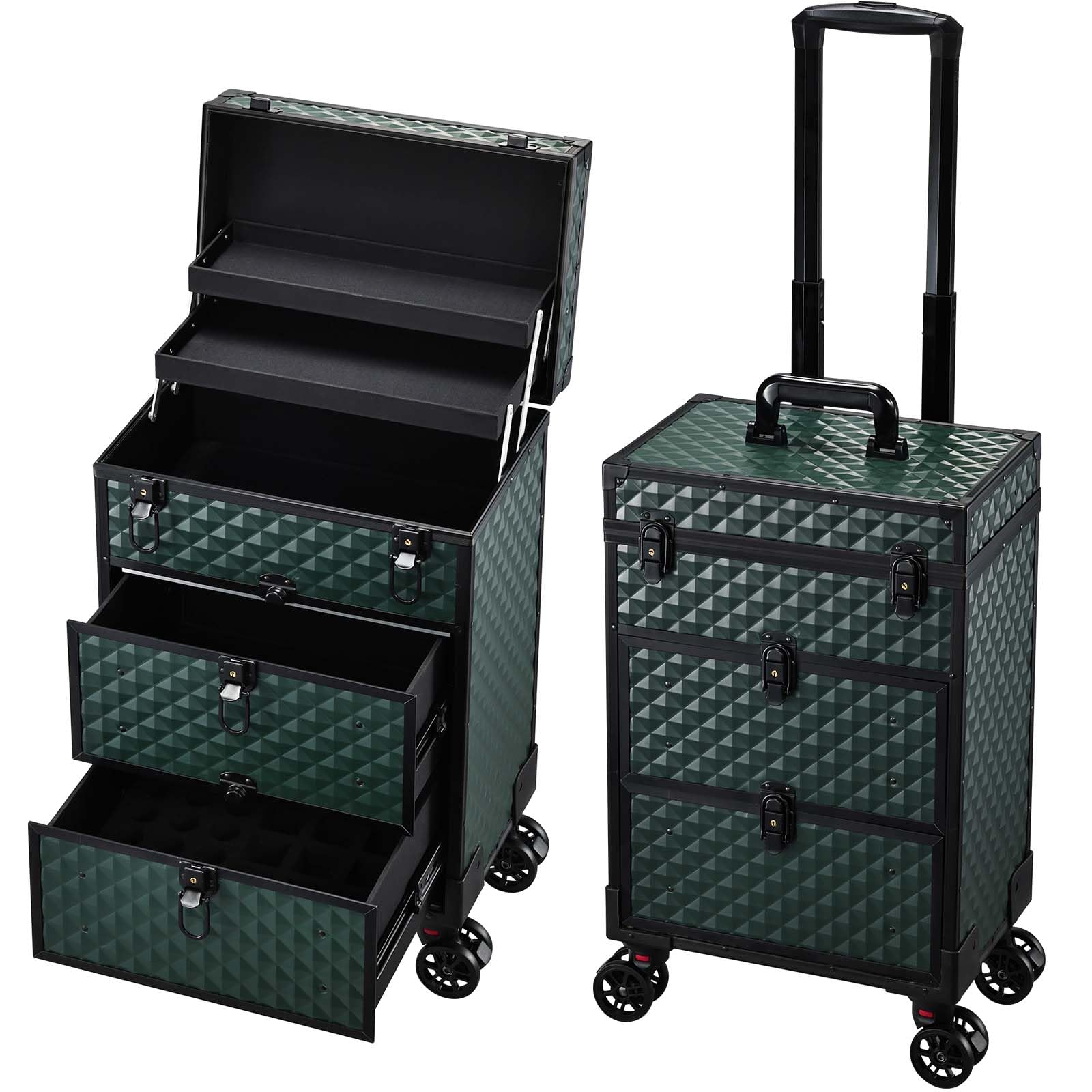 Yueieoun Rolling Makeup Train Case with Wheels 2 Large Drawers Nail Organizer Case Cosmetic Train Cases Traveling Cosmetology Case on Wheels Tattoo