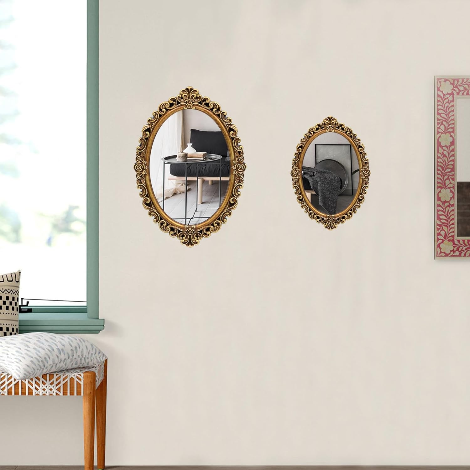 OIGUMR Small Oval Wall Mirror Resin Frame Size：15.7 x 11.2 inch.Vintage Hanging Mirrors for Bedroom Living-Room Dresser Decor Gold