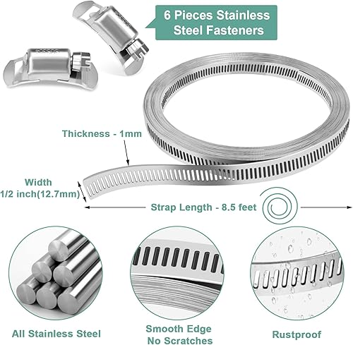 Miniatura 2 de Abrazadera de manguera, 8.5 pies, kit surtido de abrazaderas de manguera de acero inoxidable con 6 sujetadores, abrazaderas de manguera de engranaje