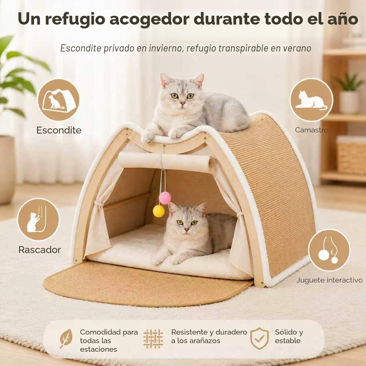 Casa para Gatos con Rascador, Cueva Plegable de Felpardo 50x40x32 cm, Cama Grande con Cojín para Gato y Perro Pequeño