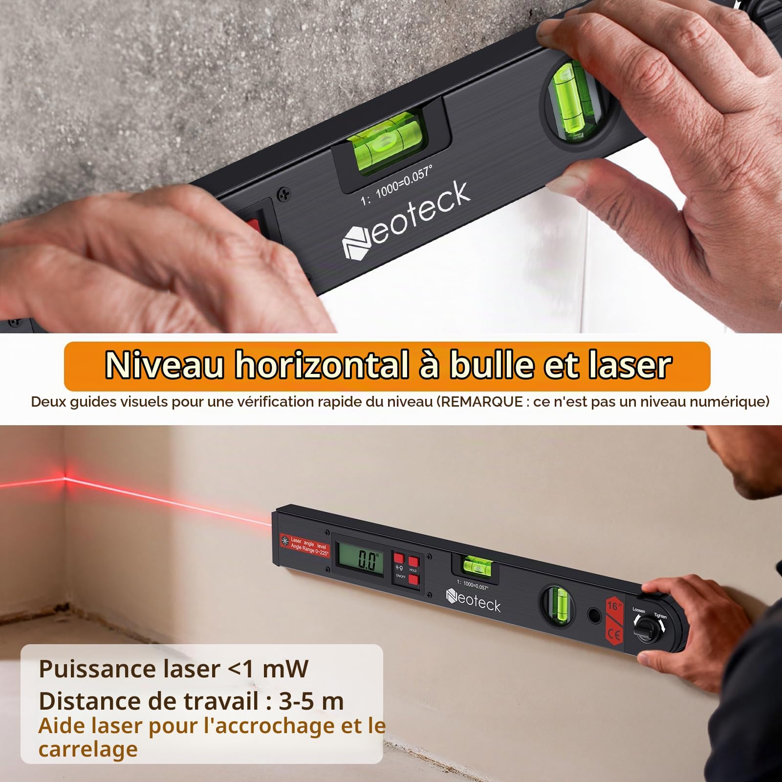 Neoteck Rapporteur d’Angle Laser 225° – Outil de Mesure d’Angle Numérique Précision ±0,5°, Règle d’Angle Aluminium avec Laser de Guidage, HOLD & Verrouillage, Bricolage, Menuiserie, Chantier - Noir