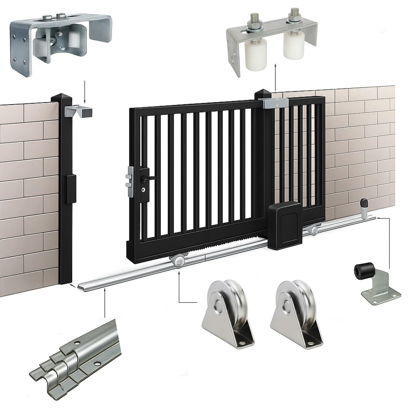 Sliding Gate Hardware Kit with External Wheels-Upto 2m Gate Wheels/Guide/Stops/Tracks