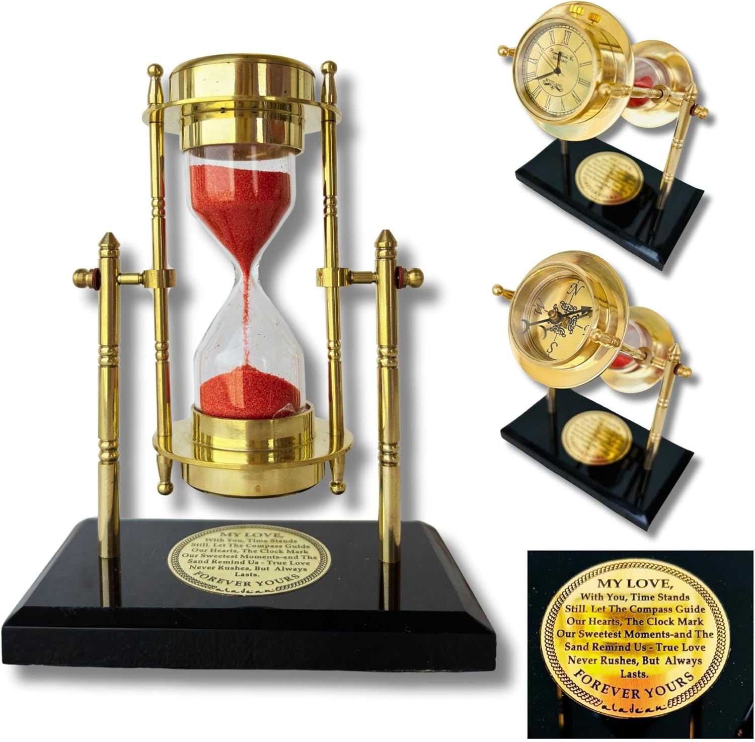 GUAAFA My Love Brass Sandtimer ClockCompass | Romantic Gift for Men Women, Husband Wife, Boyfriend Girlfriend - Engraved Quote