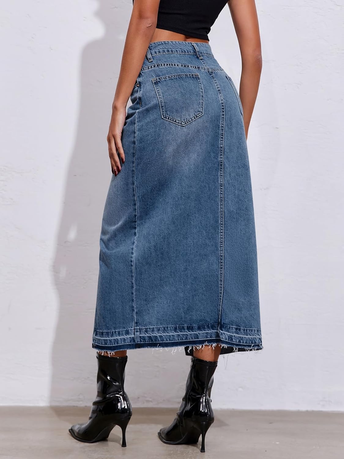 Fisoew Women's Long Denim Maxi Skirts High Waisted Frayed Hem Western Split Jean Skirt Streetwear - Image 4