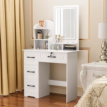 Makeup Desk with Mirror, Large Vanity Desk with 6 Opening Shelves,Bedroom Dressing Table, 4 Drawers, Makeup Vanity Table with Light White White