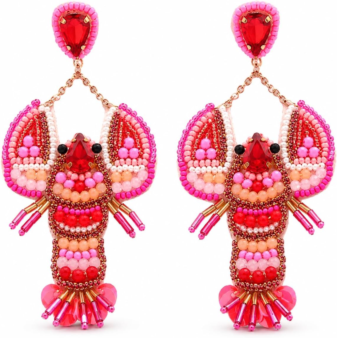 Pink Lobster Drop Earrings for Women, Beaded Statement Dangle Jewelry