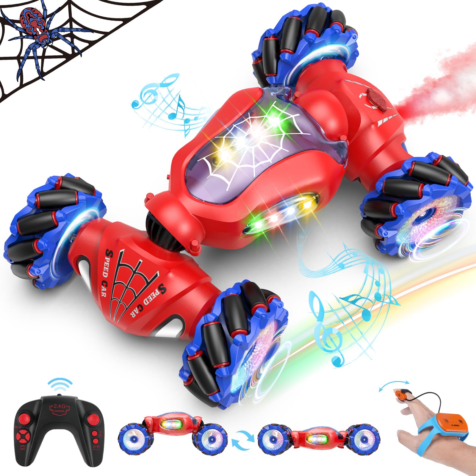 Pristar Macchina Telecomandata per Bambini 6-12 anni Auto Telecomandata con controllo manuale Regalo per ragazzi Regalo per ragazze Giocattolo 4WD 2,4 GHz RC Auto Stunt Car con spruzzatore di luce LED