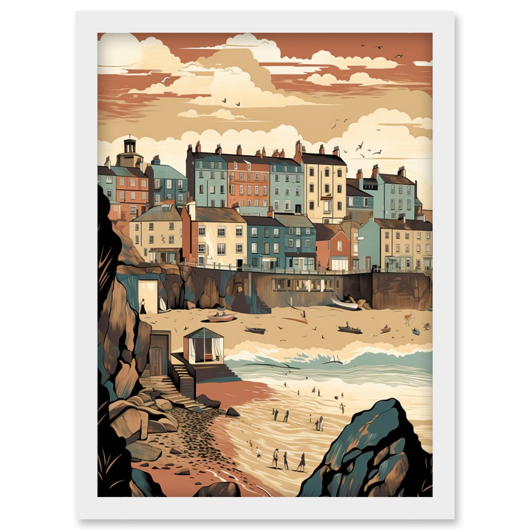 Artery8 Tenby Harbour Beach Pastel Colour Coastal Town Artwork Framed Wall Art Print A4
