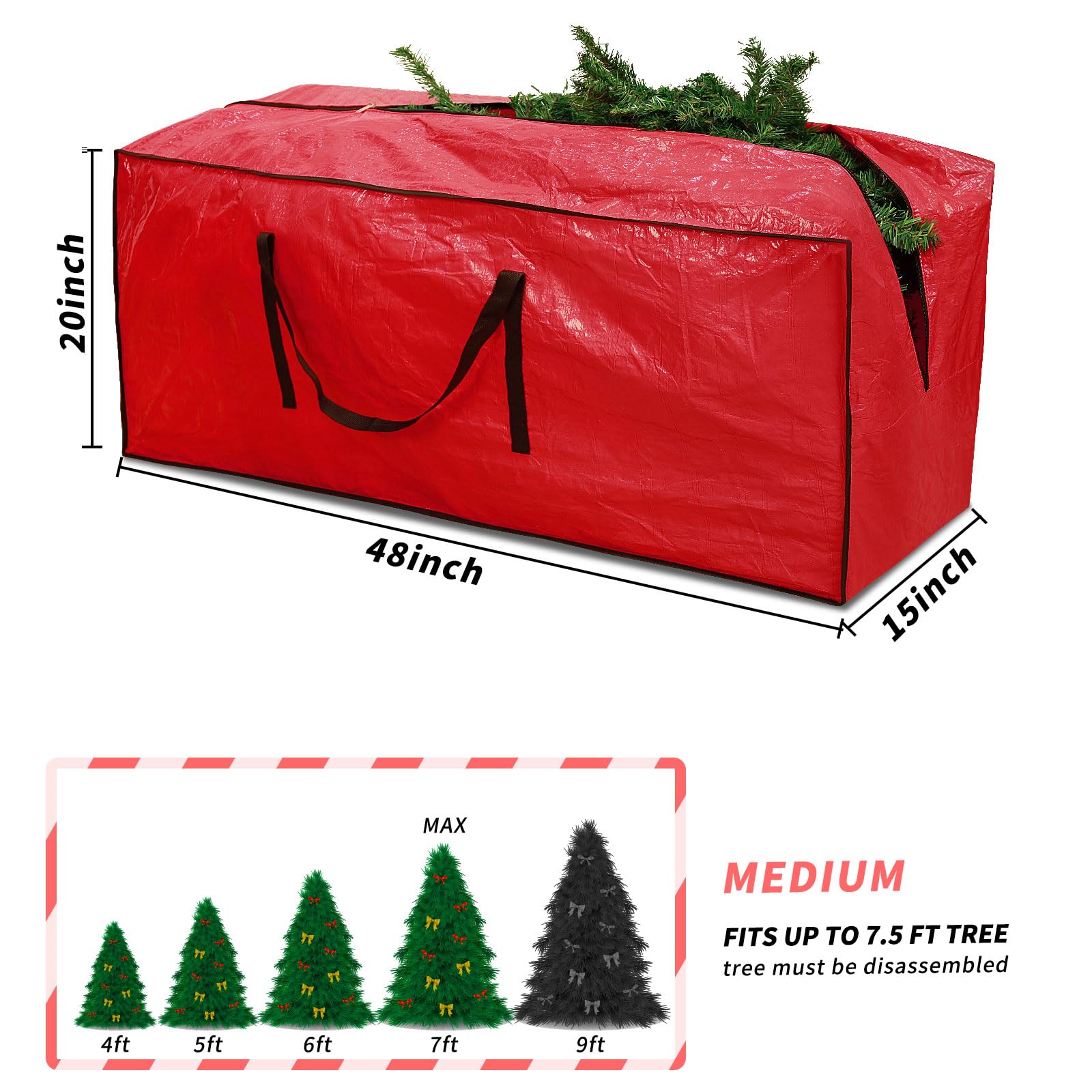 RICHIE Sac de rangement pour sapin de Noël de 2,3 m, convient aux arbres artificiels jusqu'à 2,1 m, sac en plastique résistant à l'eau, poignées renforcées, fermeture éclair et durable, sacs de
