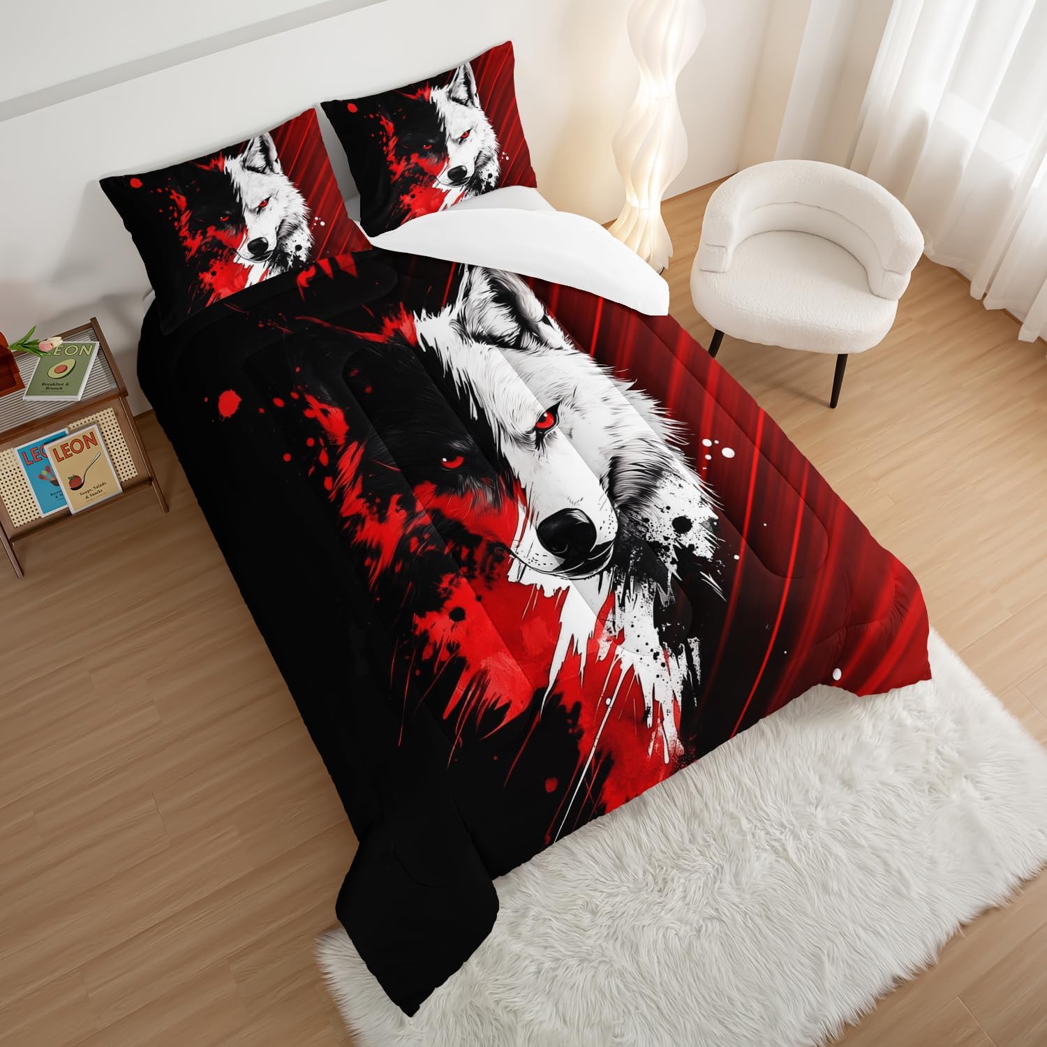 HOSIMA Wolf Queen Bedding Sets,Red Black Background A Wolf in Middle Printed Teen Comforter Set Boys,Fluffy Wolf Pattern Animal Bedding for Kids Boys Girls Room Decor with 2 Pillowcases.