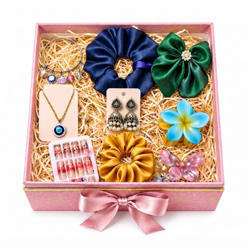 Birthday Rakhi Gift Combo for Girls & Women – Scrunchie, Bow Hair Claw, Flower Clip, Beaded Charm Bracelet & Korean Pearl Earrings | 8-Piece Fashion Jewelry & Hair Accessory Gift Set for Women & Girls, Random Colours & Designs-image-43