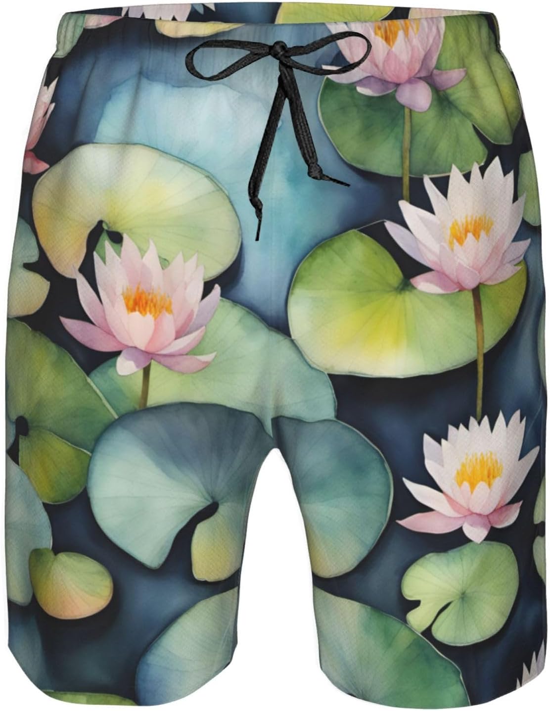 Mens Black Lily Pads Print Beach Shorts,Casual Summer Shorts for Men,Quick Dry Polyester