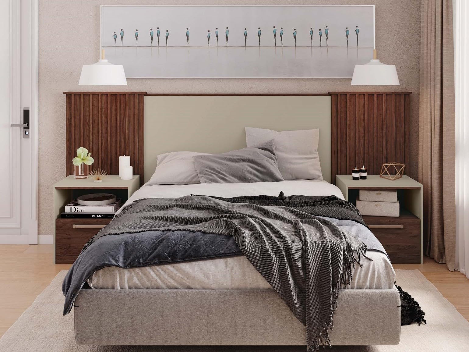 MAESTRO FERRETERO MF - Cabecero Lucius Extensible con 2 Mesillas, MDP Habana y Blanco Roto - Diseño Combinado