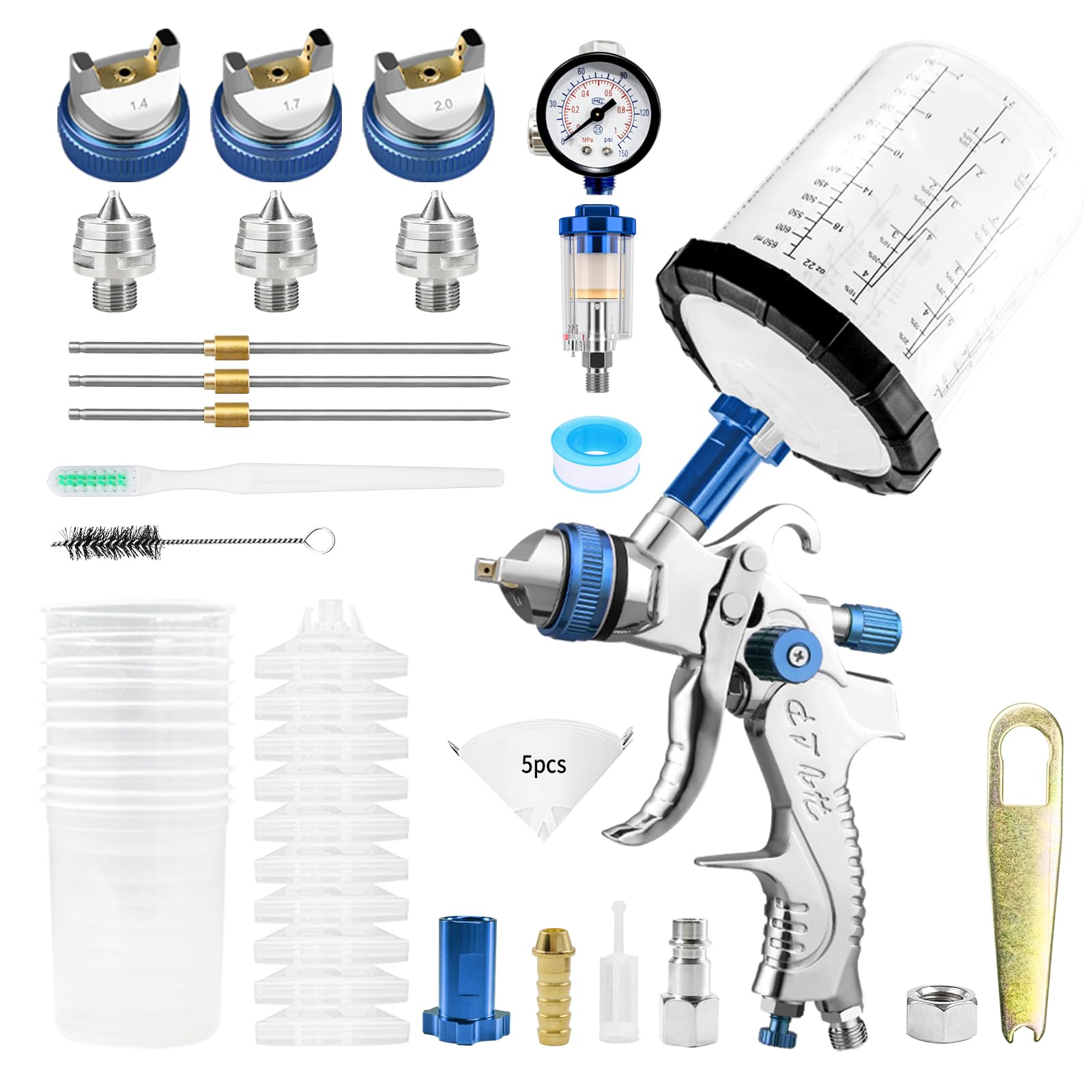 HVLP Fließbecher Lackierpistole Spritzpistole, Premium-Kit mit 1,4/1,7/2,0 mm Düsen & Luftdruckregler, 10x 650ML Mischbecher Farbsprühgerät für Automobilbereich