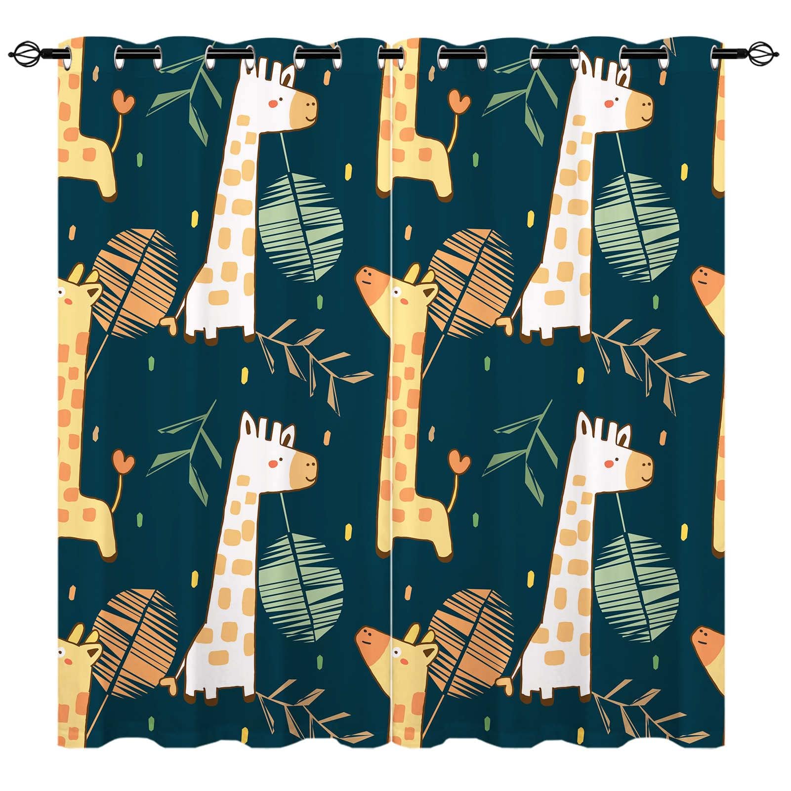 YUANZU Giraffe Curtains - Kids Palm Leaves Tropical Plant Jungle Safari Animals Print Pattern Eyelet Blackout Room Darkening Window Drapes for Boys Girls Baby Bedroom 2 Panels W132cm x D213cm — image 1