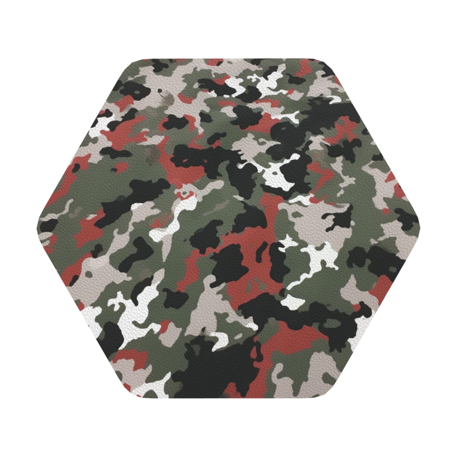 Camouflage Print Leather Coaster Set of 6, Hexagon Coasters Table Decorative Coffee Cup Beverage Coasters Wine Beer Bar Coasters for Hot Drinks Table Protection
