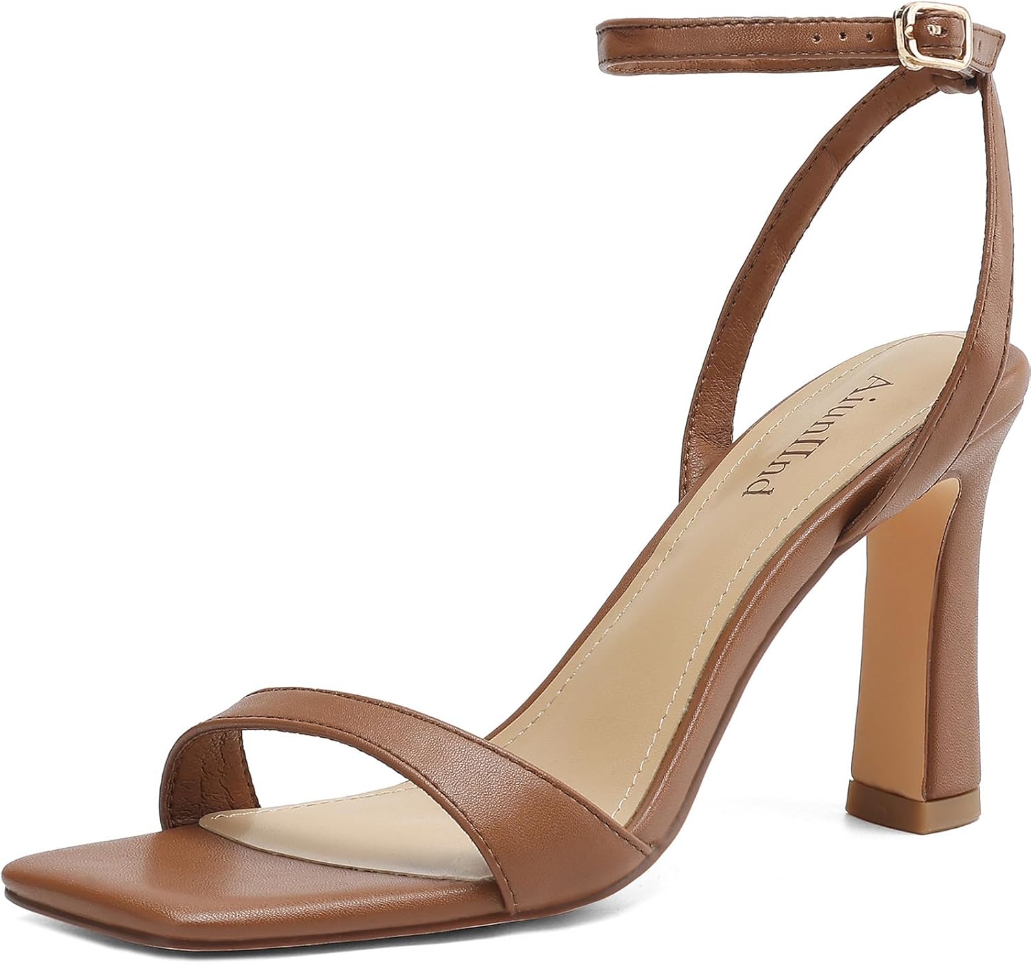 AIUNIIND Women's Square Open Toe Heeled Sandals Chunky High Heels Ankle Strap Sandals for Women Prom Wedding Heels Brown 8
