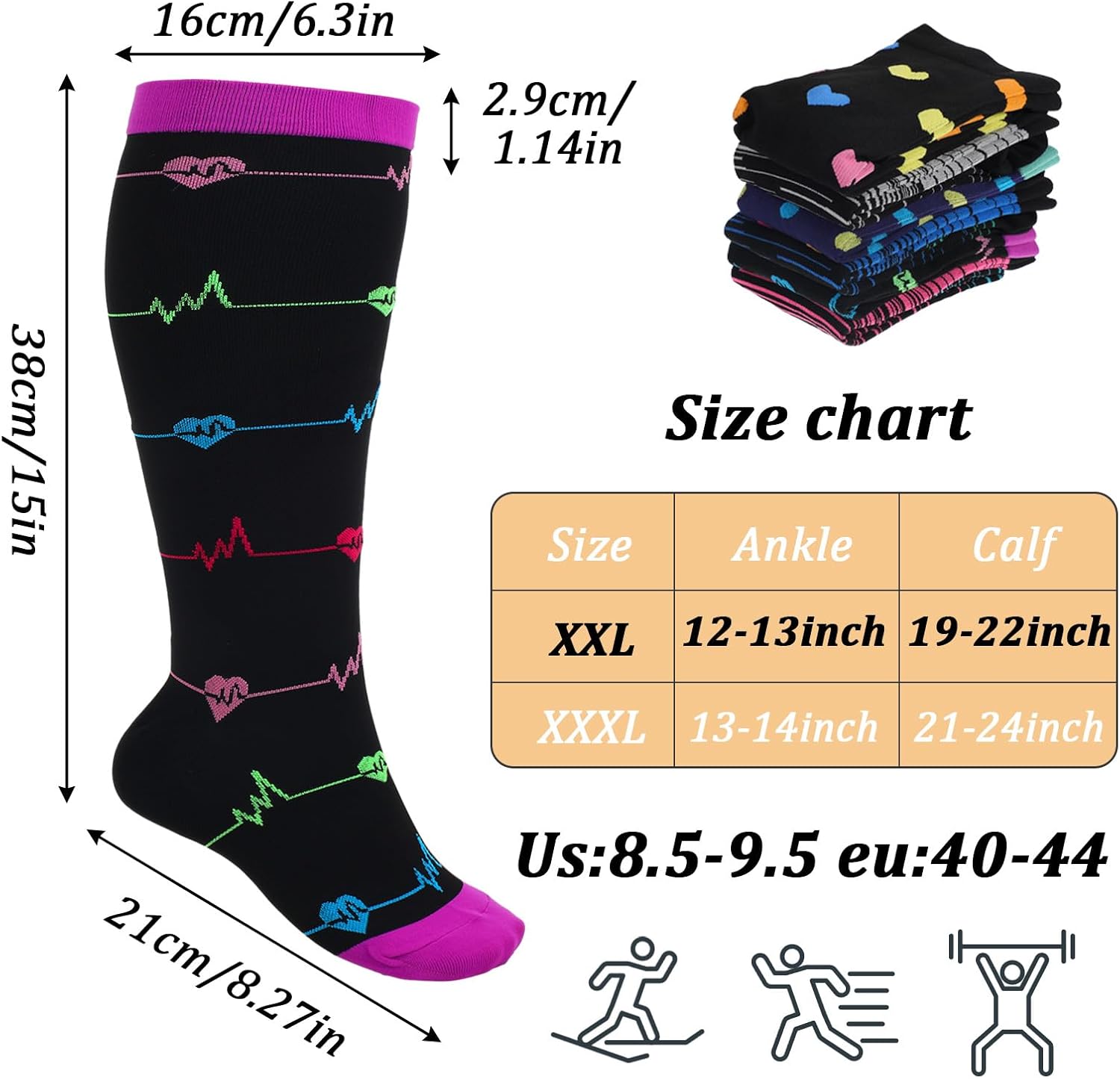6 Pairs Plus Size Compression Socks for Women Wide Calf Knee High Compression Stockings for Circulation Travel Yoga Running, XX-Large - Image 4