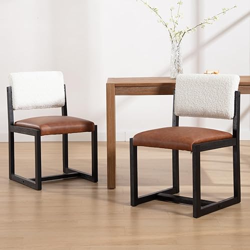 LukeAlon Juego de 2 sillas de comedor de piel sintética, sillas laterales de cocina con respaldo de piel abierta de granja con patas de madera