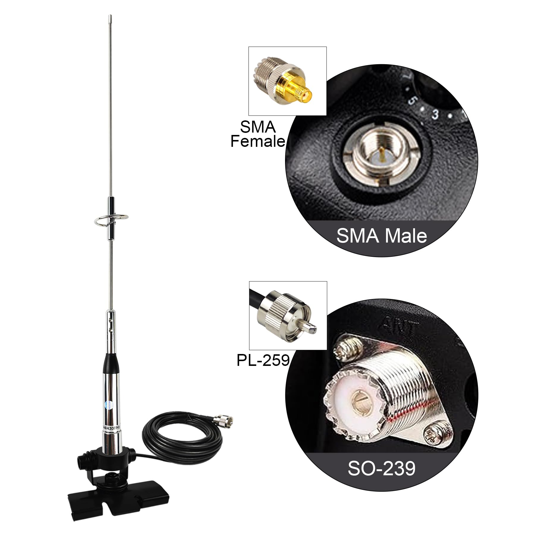 Antena de radio de jamón móvil de doble banda UHF VHF 136-174MHz 400-470MHz con cable de 16 pies y clip de base para coche, camión, radio, radio, amateur, radio móvil, radio bidireccional, barco
