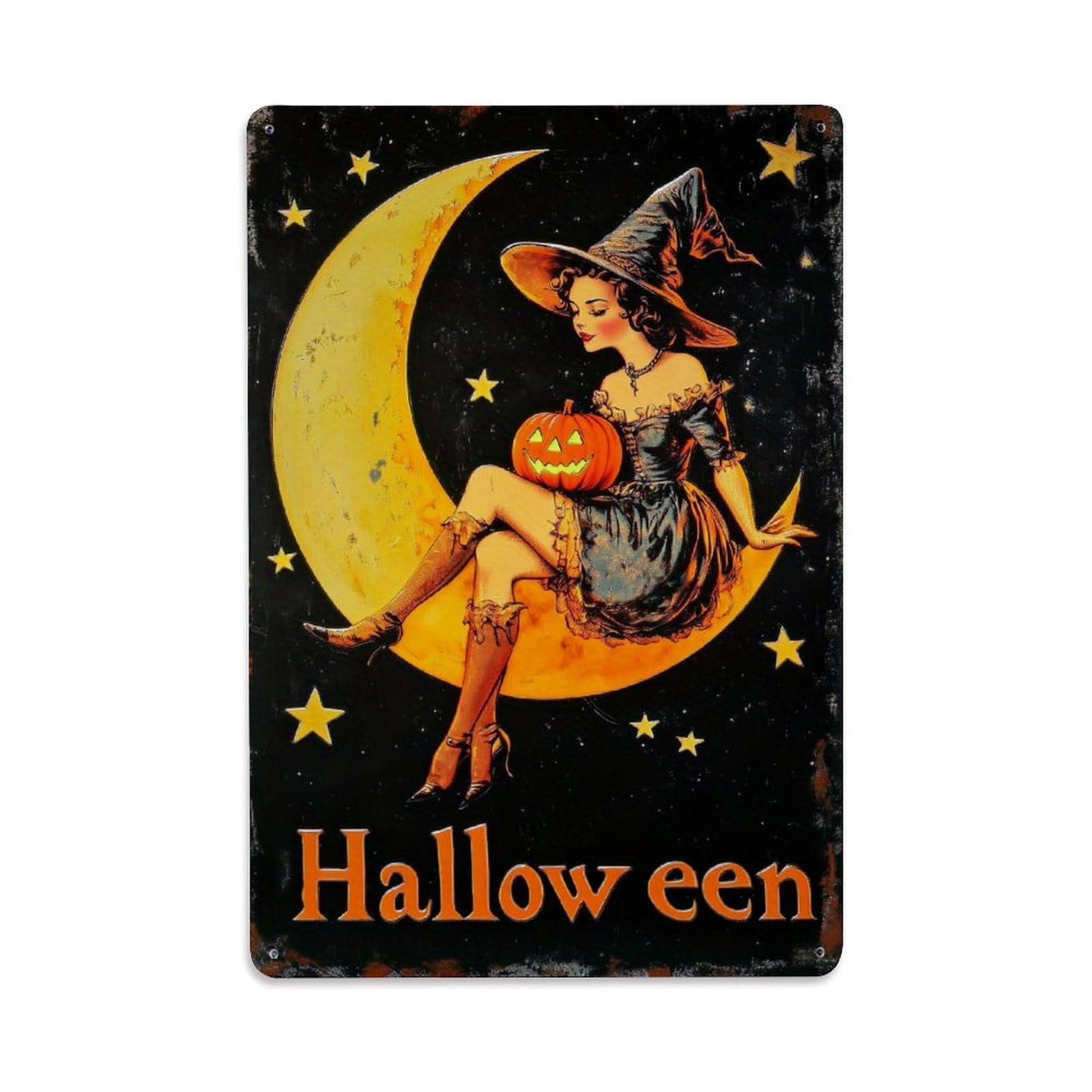 Witch Sitting On Moon Retro Metal Tin Sign, Vintage Metal Poster for Bar, Home, Man Cave, Kitchen, Laundry Room Art Decor 8x12 Inch
