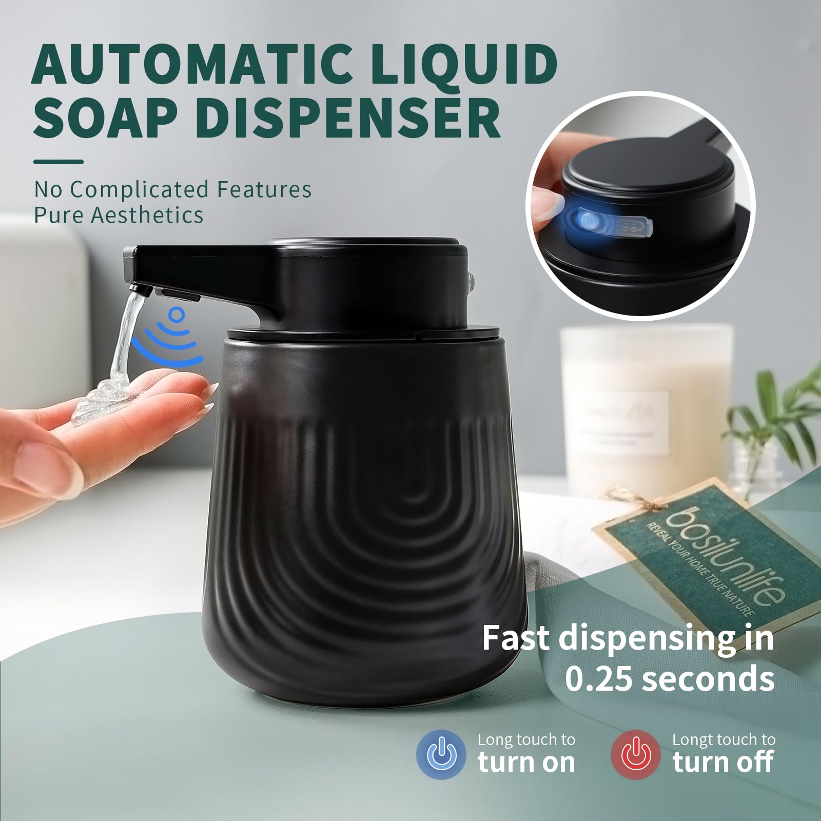 BosilunLife Dispenser automatico di sapone in ceramica con ugello a pompa esteso, 3 livelli regolabili, dispenser di sapone liquido per lozione touchless, per bagno e cucina, design ondulato goffrato