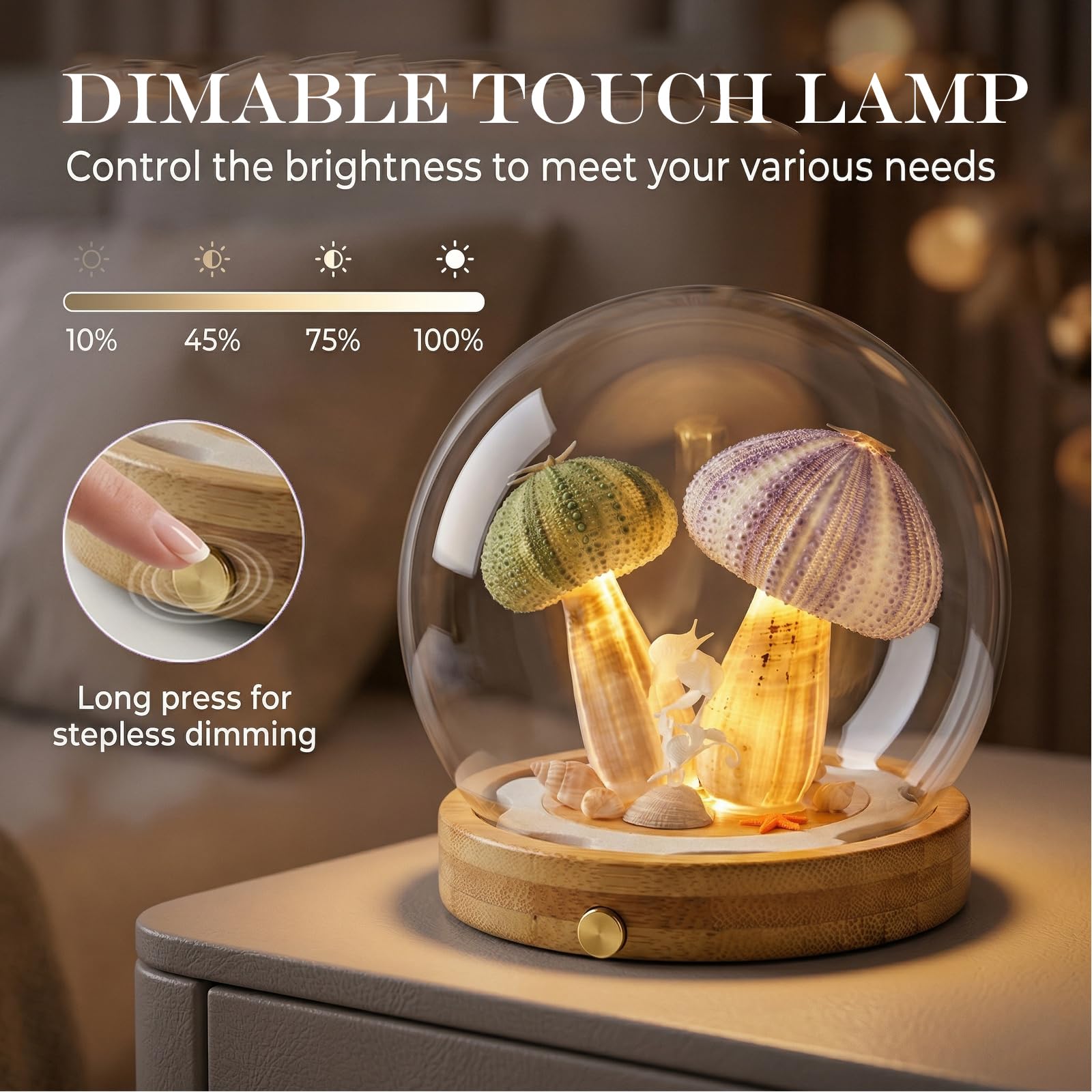 Seeigel Nachtlicht aus echtem Naturschale, Dimmbare kabellose Tischlampe mit Echtholzsockel, Touch-Steuerung & USB Aufladbar, Unikates Maritimes Deko-Geschenk für Schlafzimmer, Wohnzimmer