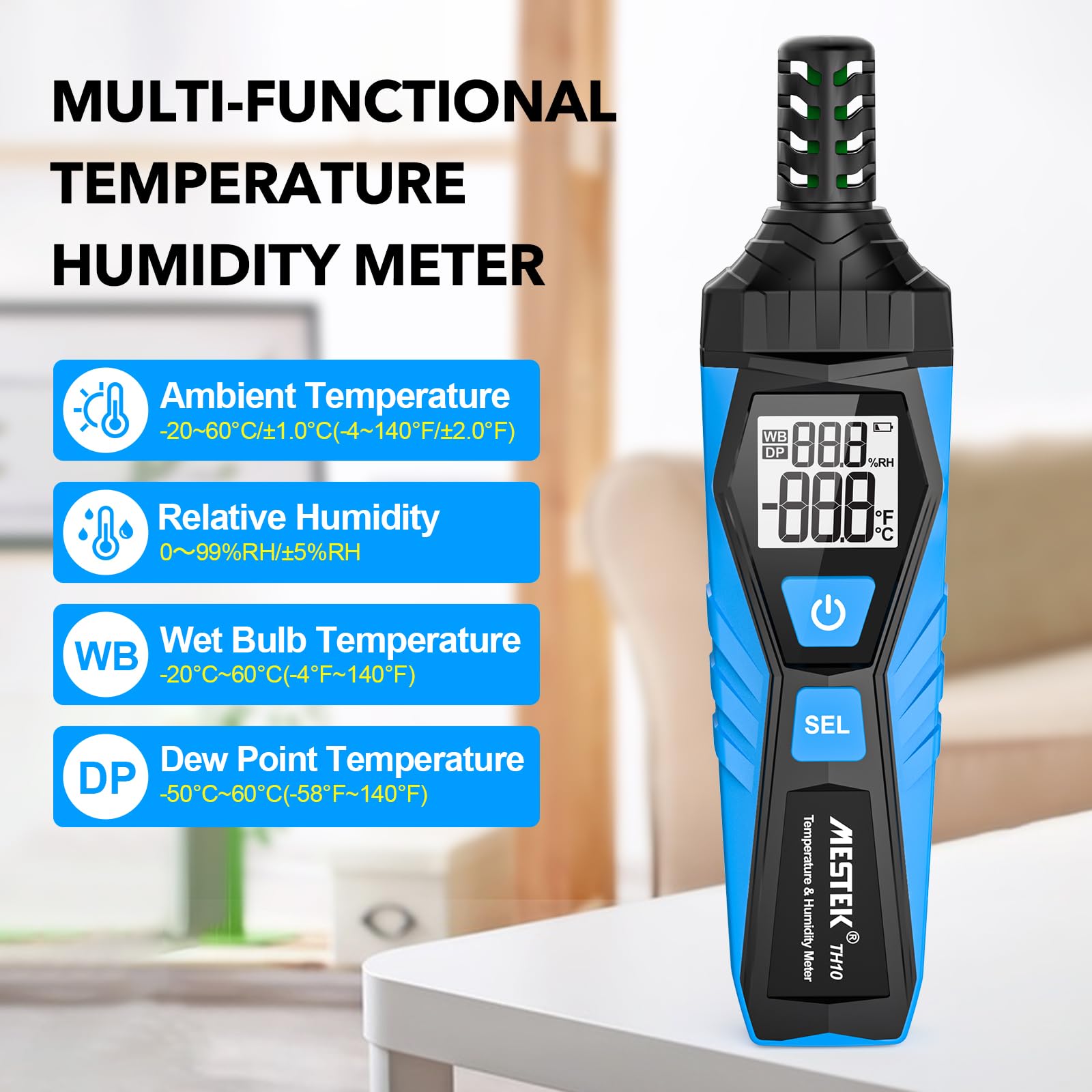 Termometro Igrometro MESTEK Termometro Digitale Ambiente Interno Portable Misuratore di umidità e Temperatura, Punto di Rugiada e Temp di Bulbo Umido, per Industria Agricoltura Meteorologia