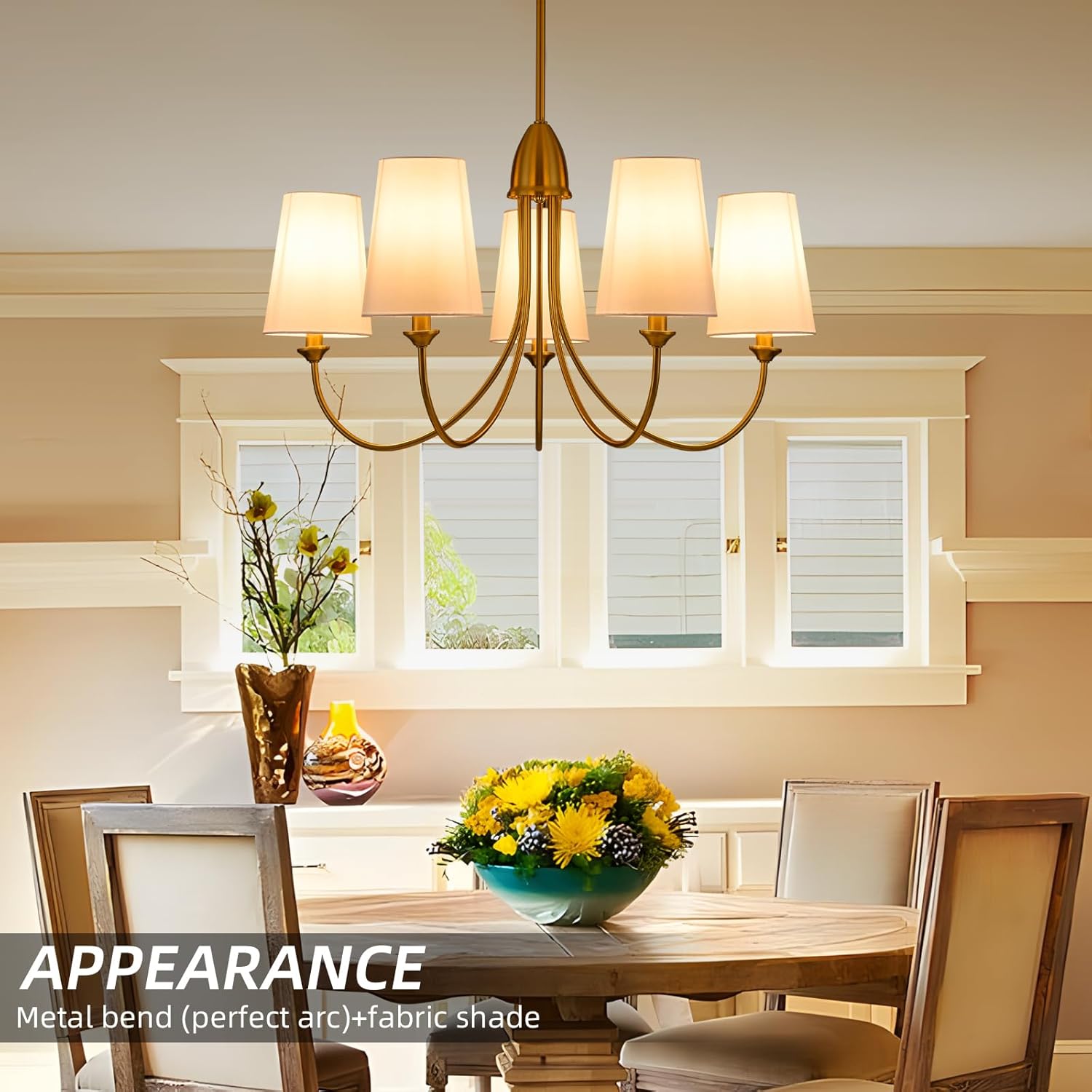 Gold Chandelier,5-Light Vintage Farmhouse Dining Room Light Fixture with White Fabric Shade,30" Modern Industral Chandelier for Bedroom Foyer Hall Porch Living Room Kitchen entryway Staircase