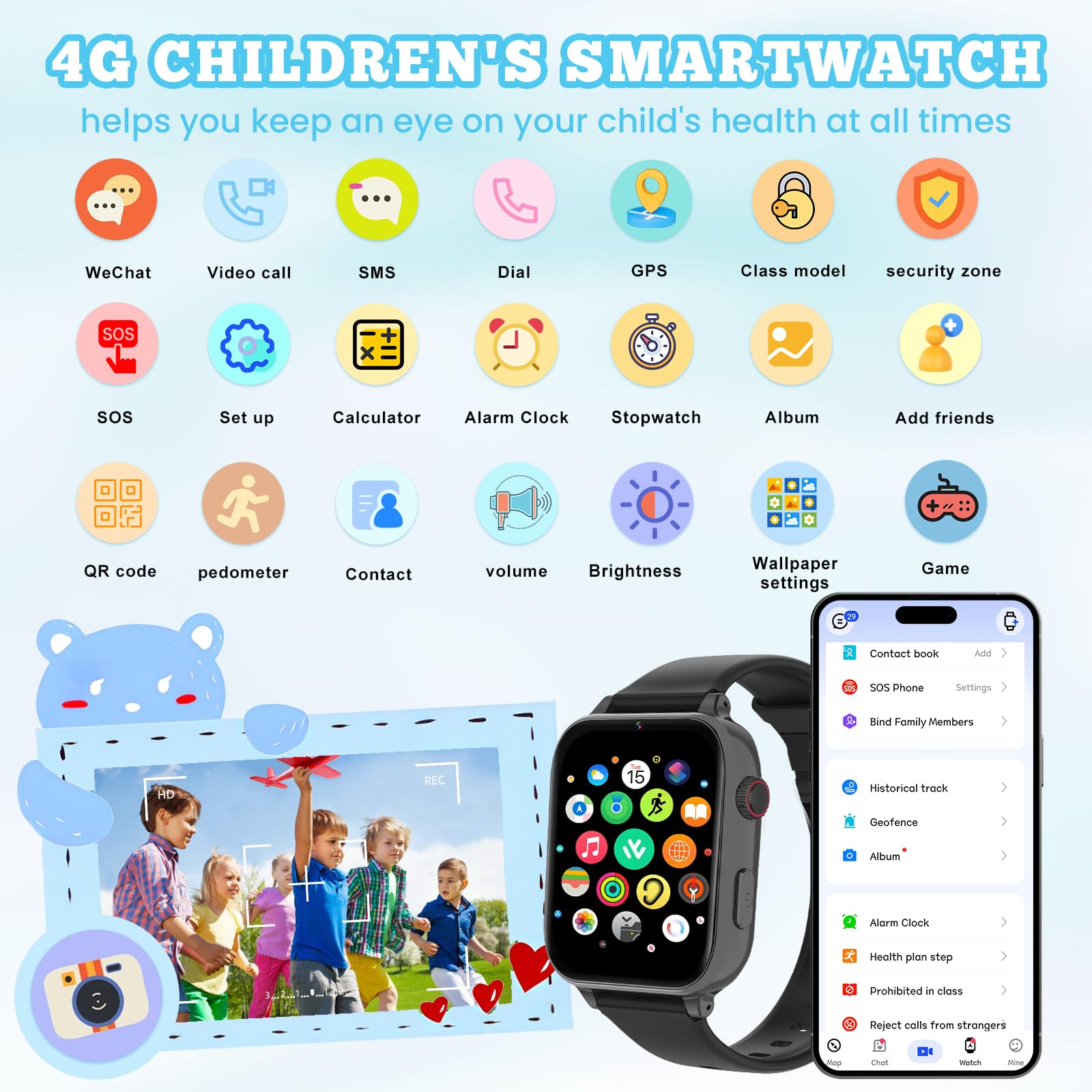 4G Smartwatch Bambini, Kids Smart Watch Intelligente con GPS, SOS, WIFI, Chat Vocale, Videochiamata, Modo Classe, Giochi Sveglia Contapassi Ragazzi Ragazze Orologio Regalo 4 ai 12 anni, Nero