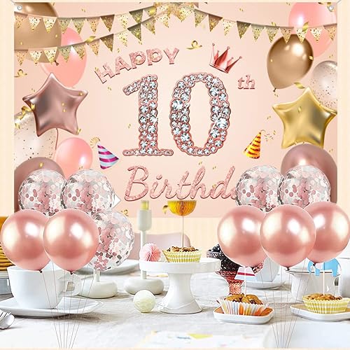 Miniatura 5 de Tecreo Cartel de fondo de decoración de cumpleaños número 10 para niñas, rosa (rosa), vinilo, 59 x 35.4 pulgadas