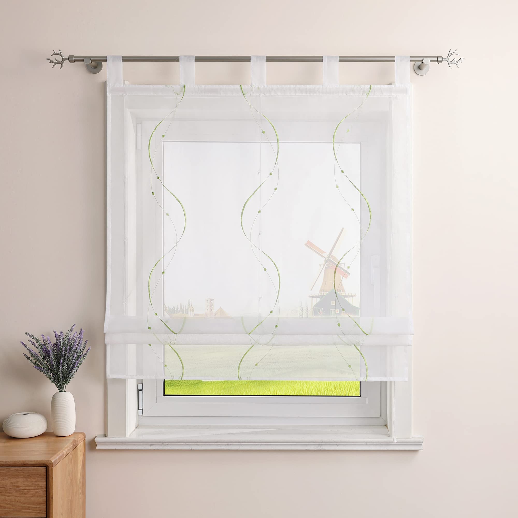 CORLIF Roman Blind Country House Roman Curtain Kitchen Modern Tab-Top Roller Blind Linen Look with Wave Pattern Transparent Roller Blinds Short Window Scarf with Loops W/H 120/140 cm Green