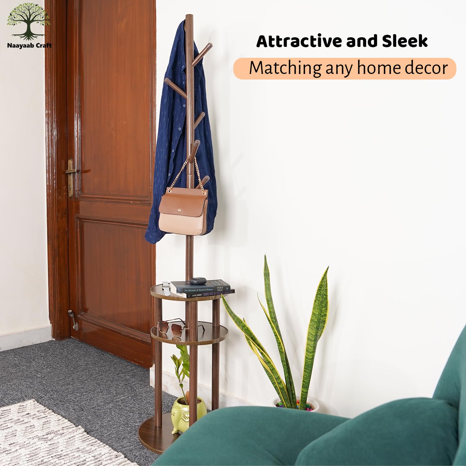 Naayaab Craft Bamboo 6 Hook Coat Hanger Stand for Hanging Clothes, Hats, Bag | Tree Shape Cloth Stand | Garment Rack | Modern Coat Rack for Home (40D x 40W x 161H) - Dark Brown, 30X30X161 Cm 4