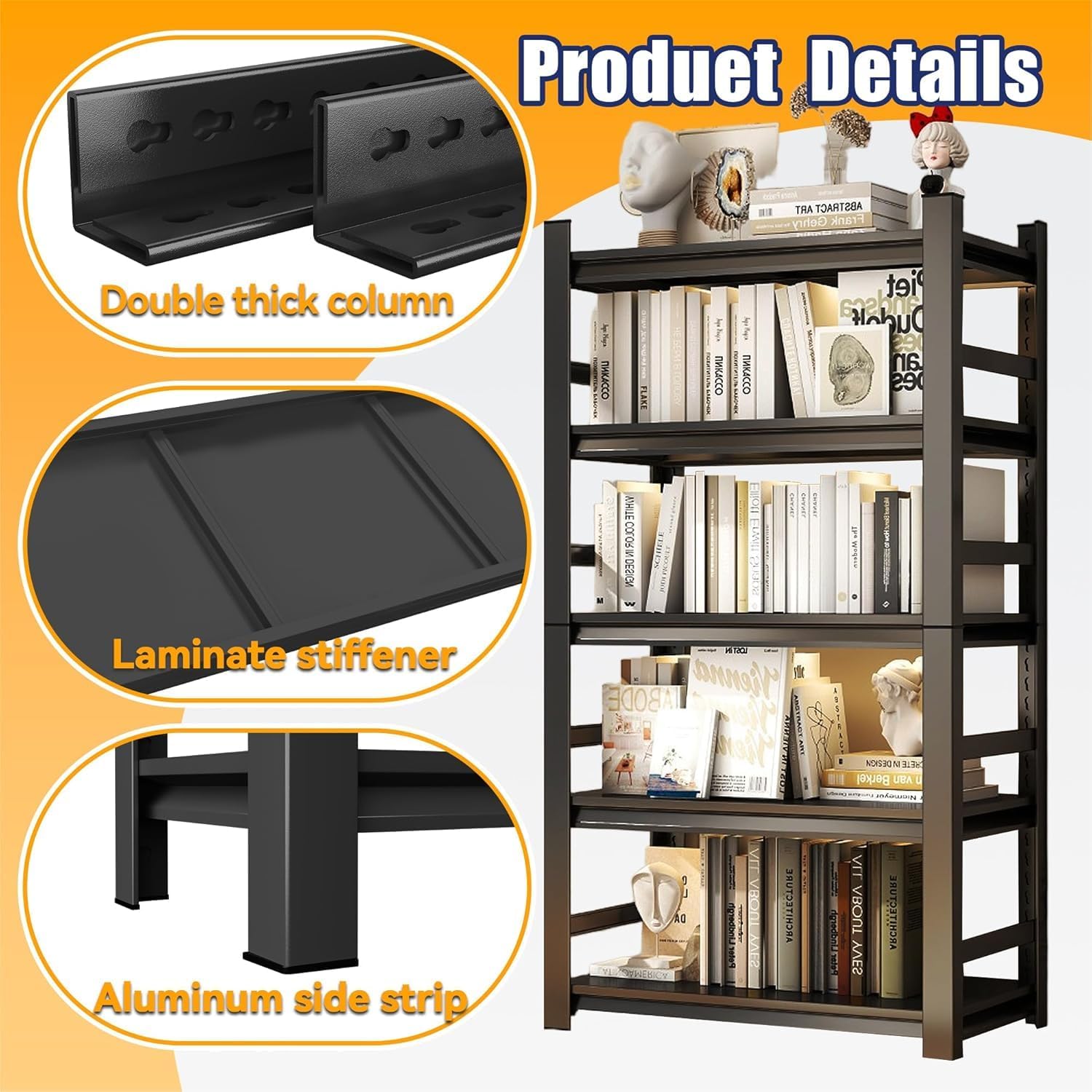 Tall Bookshelf with Open Shelves, Metal Office Book Shelf, Adjustable Organizer Bookcase, Standing Storage Organizer Shelf for Living Room (47.2" W*23.6" D*72" H)