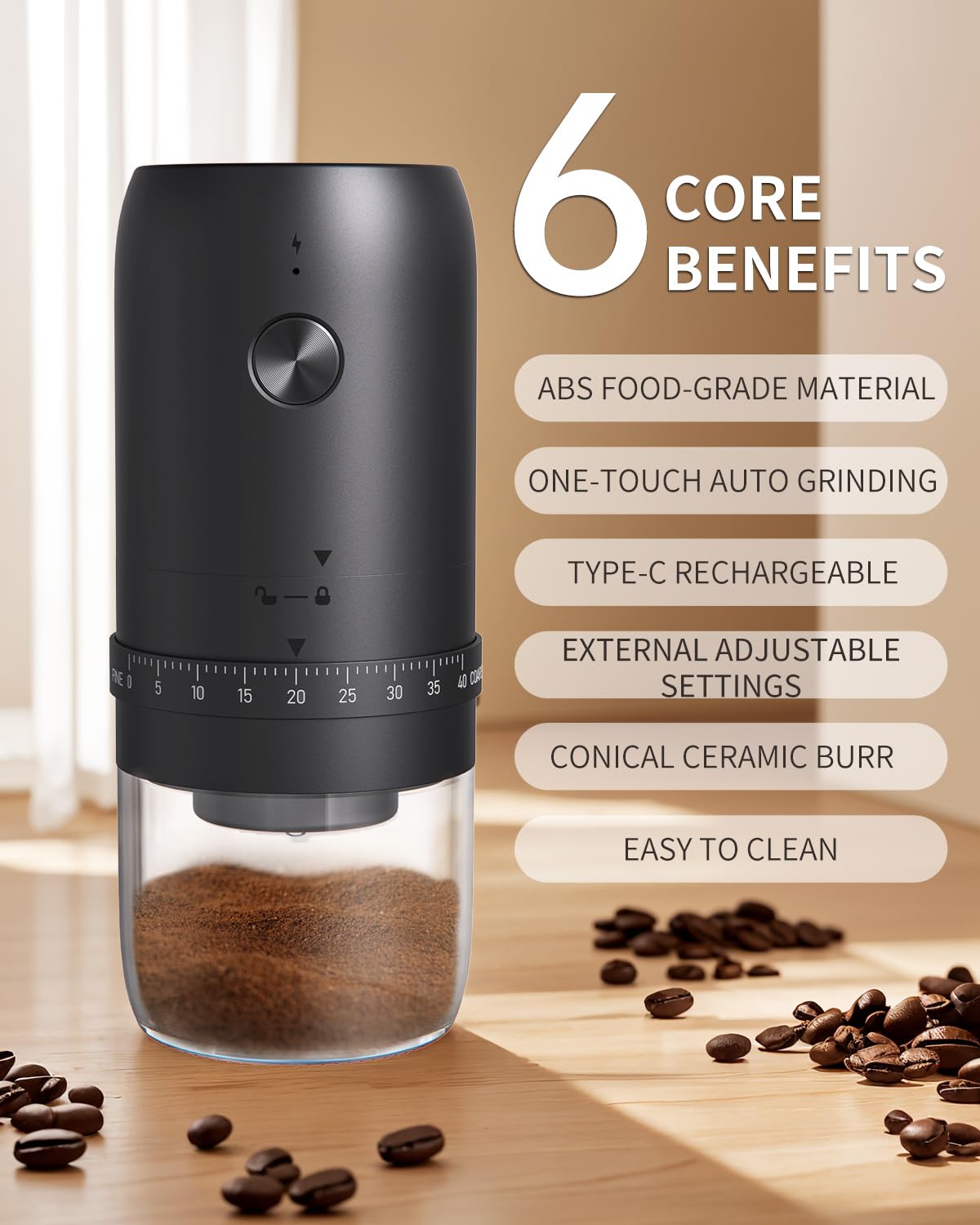 CIRCLE JOY Macinacaffè elettrico a cono, ricaricabile a bassa velocità e nucleo in ceramica resistente al calore, regolazione esterna della grana grossa, filtro caffè e 50 filtri di carta