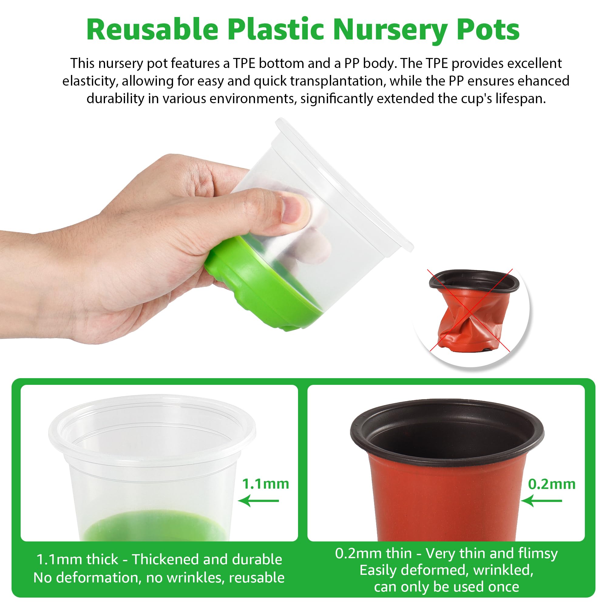 MIXC Lot de 60 pots de fleurs renforcés de 10,2 cm avec base en silicone pour une transplantation facile, lot varié de pots de fleurs en plastique pour semis, semis, fleurs