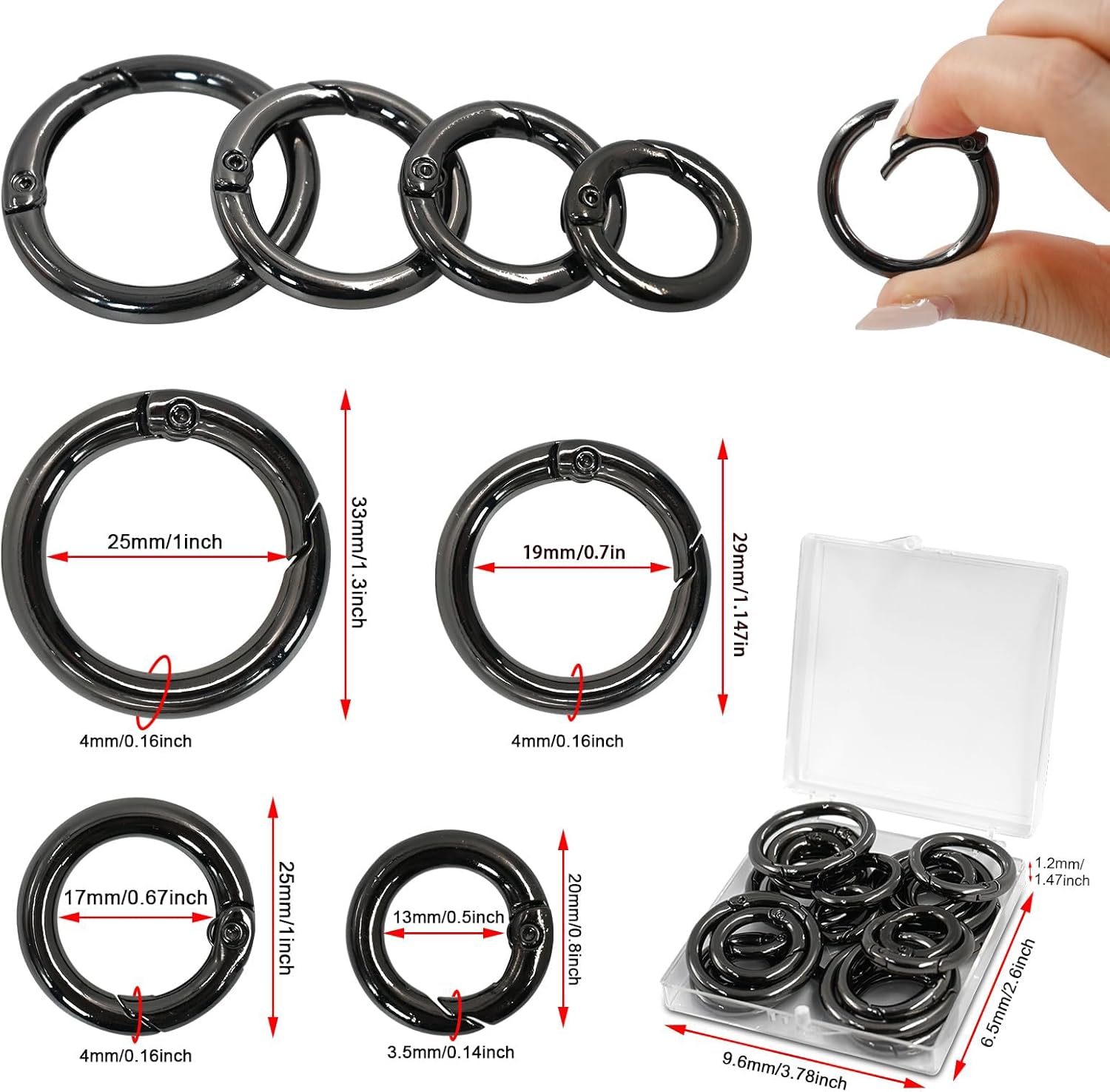 24 PCS Trigger Spring O Rings, Round Carabiner Clip, Gold Binder Key Rings, Metal Keychain Clip Snap Hooks, Circle Spring Key Ring for Keyring Buckle Purse Handbag Hardware, 4 Sizes (Black Gun) - Image 4