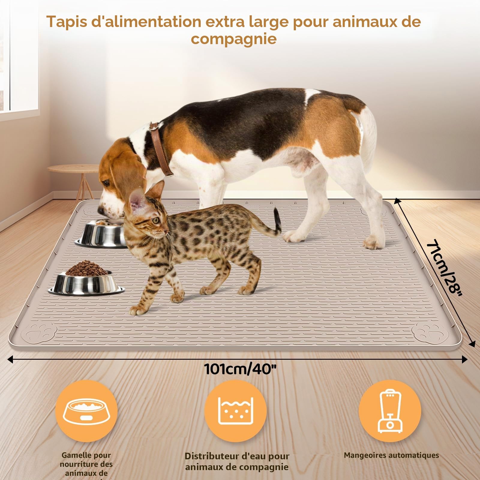 Tapis de Nourriture pour Chien, Extra Large, 101 x 71 cm, Tapis d'alimentation en Silicone pour Animaux de Compagnie de Petite, Moyenne et Grande Taille, antidérapant, Facile à Nettoyer