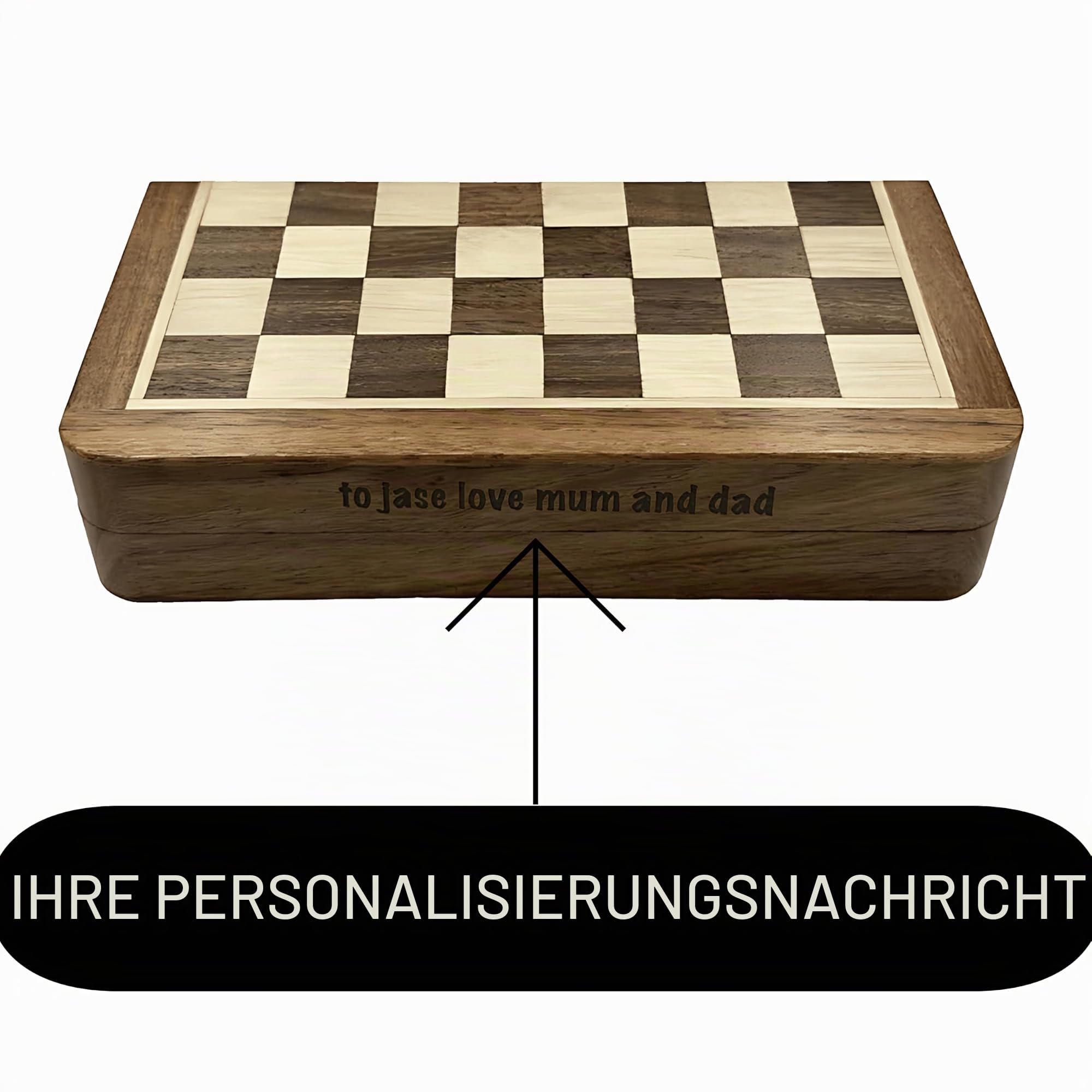 Personalisiertes Schachspiel, Magnetisches Schachbrett und Figuren, faltbares Schachbrett, tragbares Schachspiel mit integriertem Stauraum, handgefertigt (30 cm)