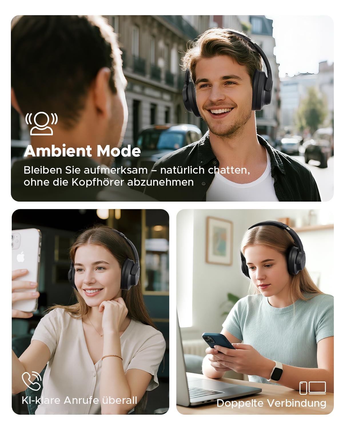 truefree HF-10 Over-Ear Bluetooth Kopfhörer mit 40mm Treiber, ANC -45dB, Raumklang, 125h Akku, AI Mikrofon, App, Gaming Modus, faltbar, USB-C, AUX, Headset mit Transparenzmodus