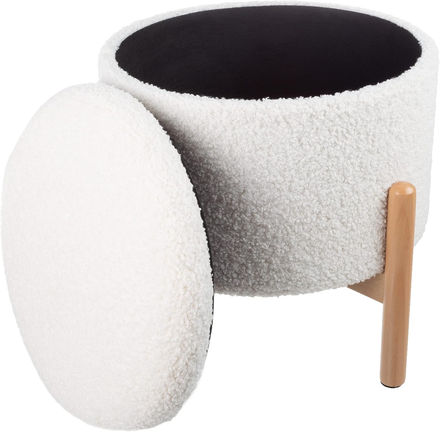 White Sherpa Plush Round Storage Ottoman with Padded Lid