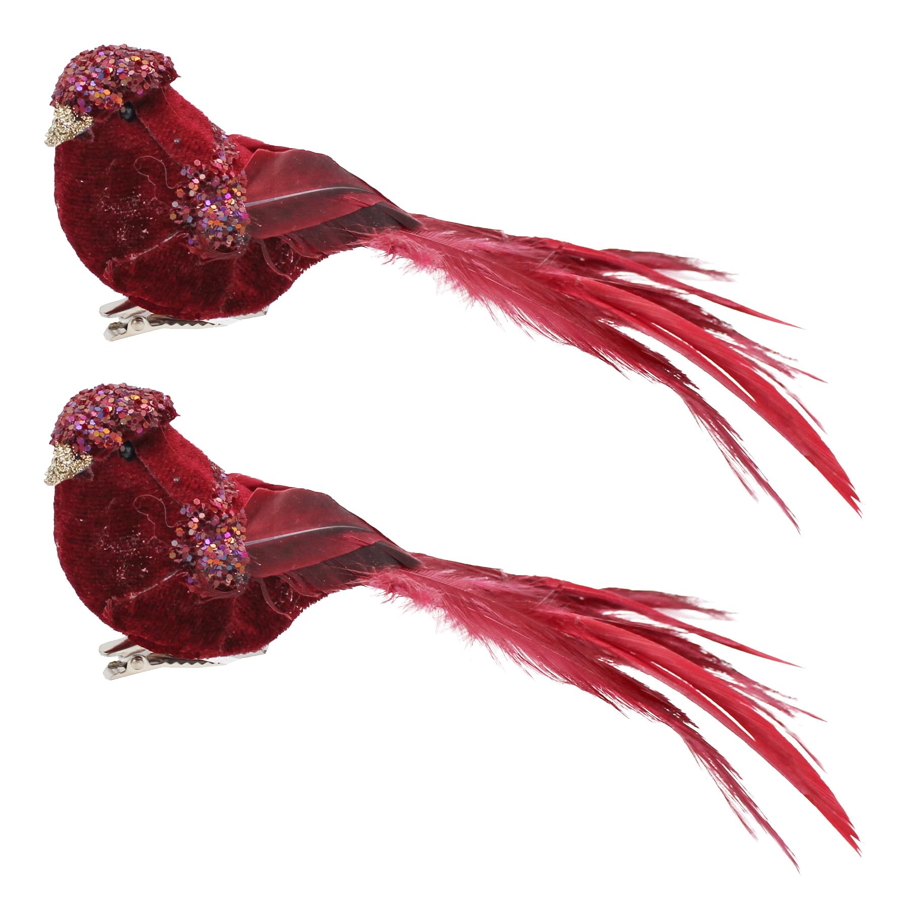 Christmas Clip on Bird 12cm Decoration with Feathers and Glitter - Burgundy (2)