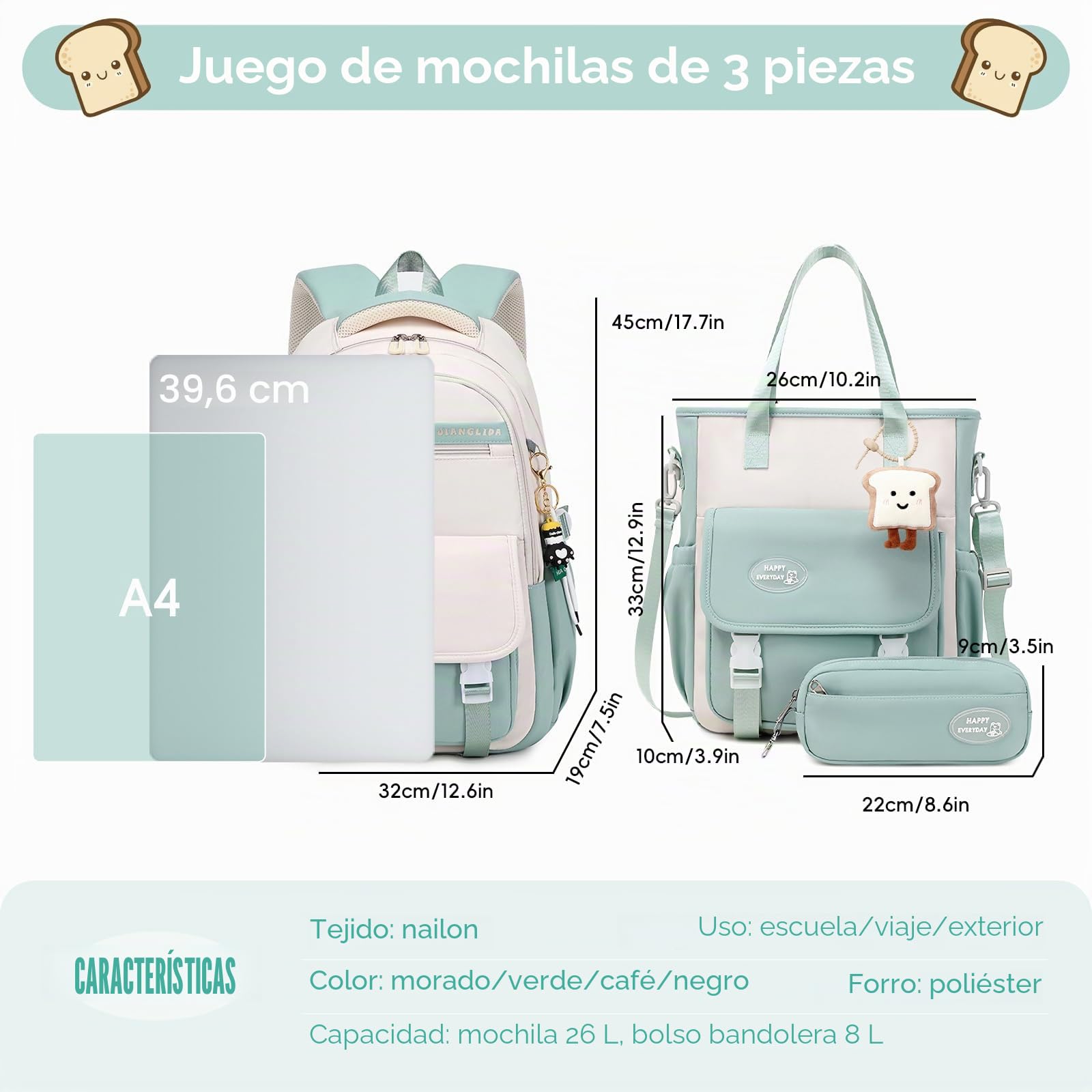 Tanou Mochila Escolar Adolescente Niña, Juego de Mochila Chica con Bandolera y Estuche para Lápices, Mochilas Informal de Gran Capacidad para Colegio, Instituto