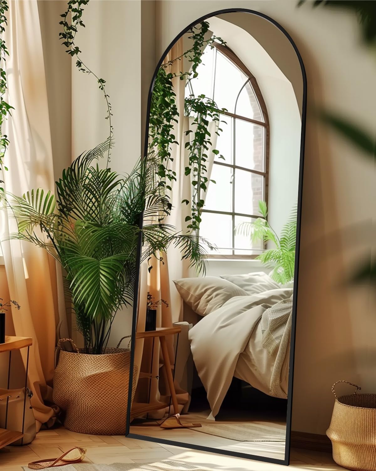 Full Length Mirror, 58"x18" Arched Floor Mirror Freestanding, Floor Standing Full Body Mirror with Stand for Bedroom, Hanging Mounted for Living Room Cloakroom, Black 58"L x 18"W Black