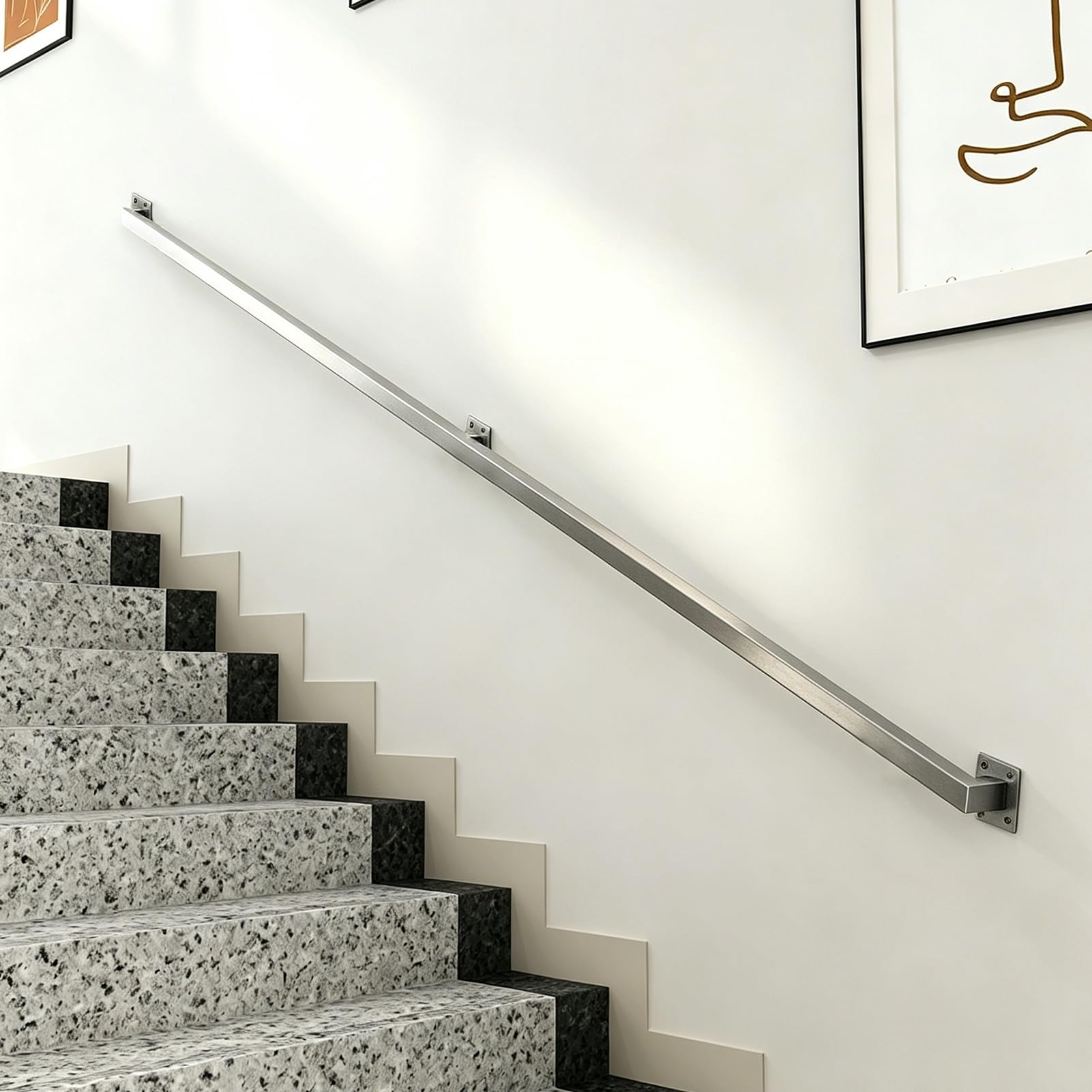Hamankim One Color Stair Silver Handrail For Walls, 1M 2M 3M 4M 5M 6M Modern Stainless Steel Railings Safety Grab Bar For Indoor Outdoor Villa Loft Corridor - Complete Kit, Wall Mount Guardrail(1Ft/0.3M)