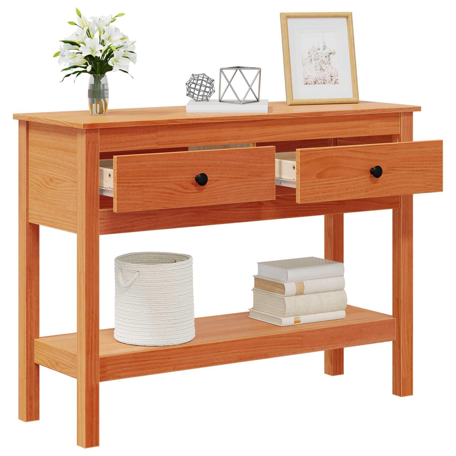 Mesa consola marrón cera madera de pino maciza, 100 x 35 x 75 cm, con espacio de almacenamiento, cajón, estantería para salón, dormitorio, pasillo, mesa auxiliar versátil