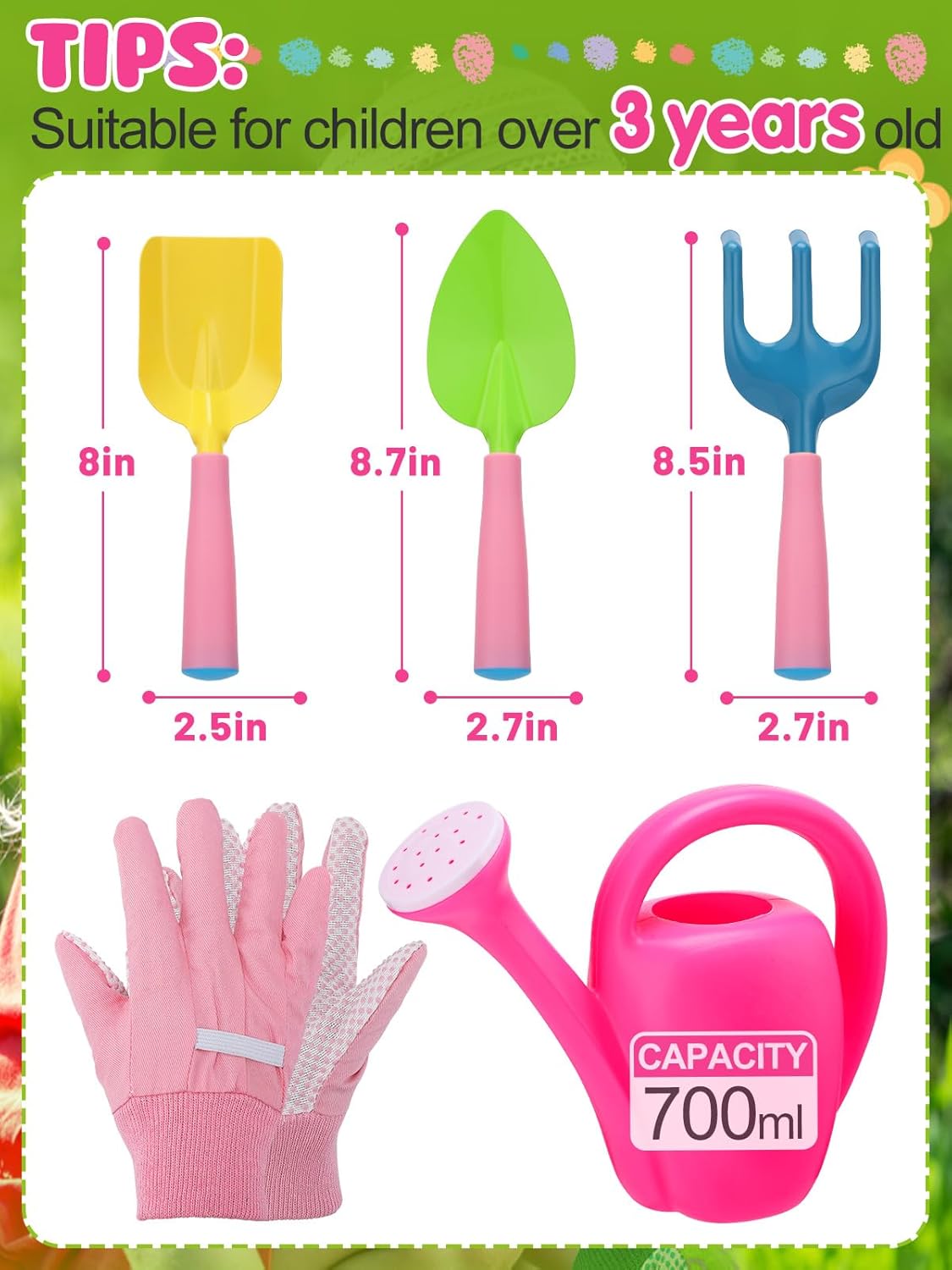 Biubee Pink Gardening Tools Set for Girls - Sturdy Kids Watering Can Toy Set with Metal Shovel Hand Rake Kids Gloves, Toddler Gardening Kit Garden Toys for Outdoor Beach Sand Toy Gift