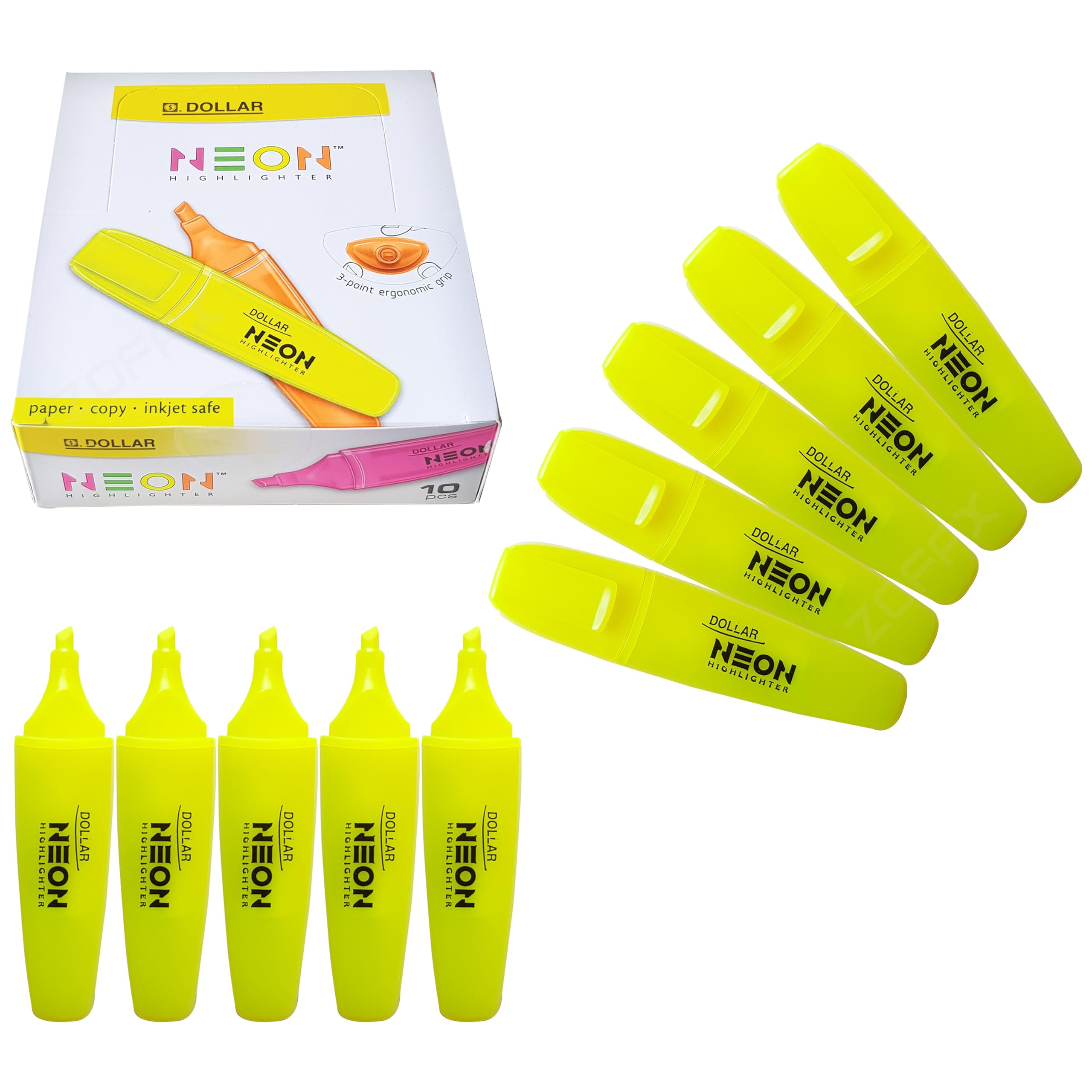 DOLLAR HL625 Neon Fluorescent Highlighter Pens, YELLOW, Pack of 10, Chisel Tip (5.0mm), 3-Point Grip, Multipack, Fast-drying